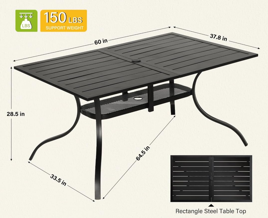 Omelaza 60" x 37" Patio Dining Table, Outdoor Rectangle Bistro Metal Table with Steel Slat Table Top for Porch Deck Garden Backyard Poolside, 1.57" Umbrella Hole, Black