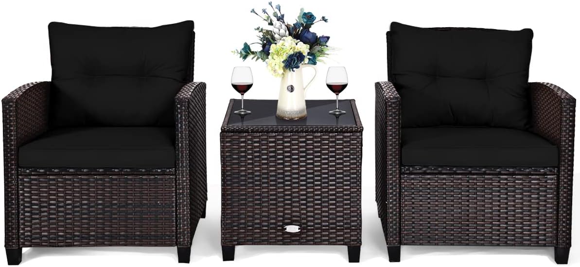 3-Piece Outdoor Rattan Conversation Set with Cushions & Glass Table