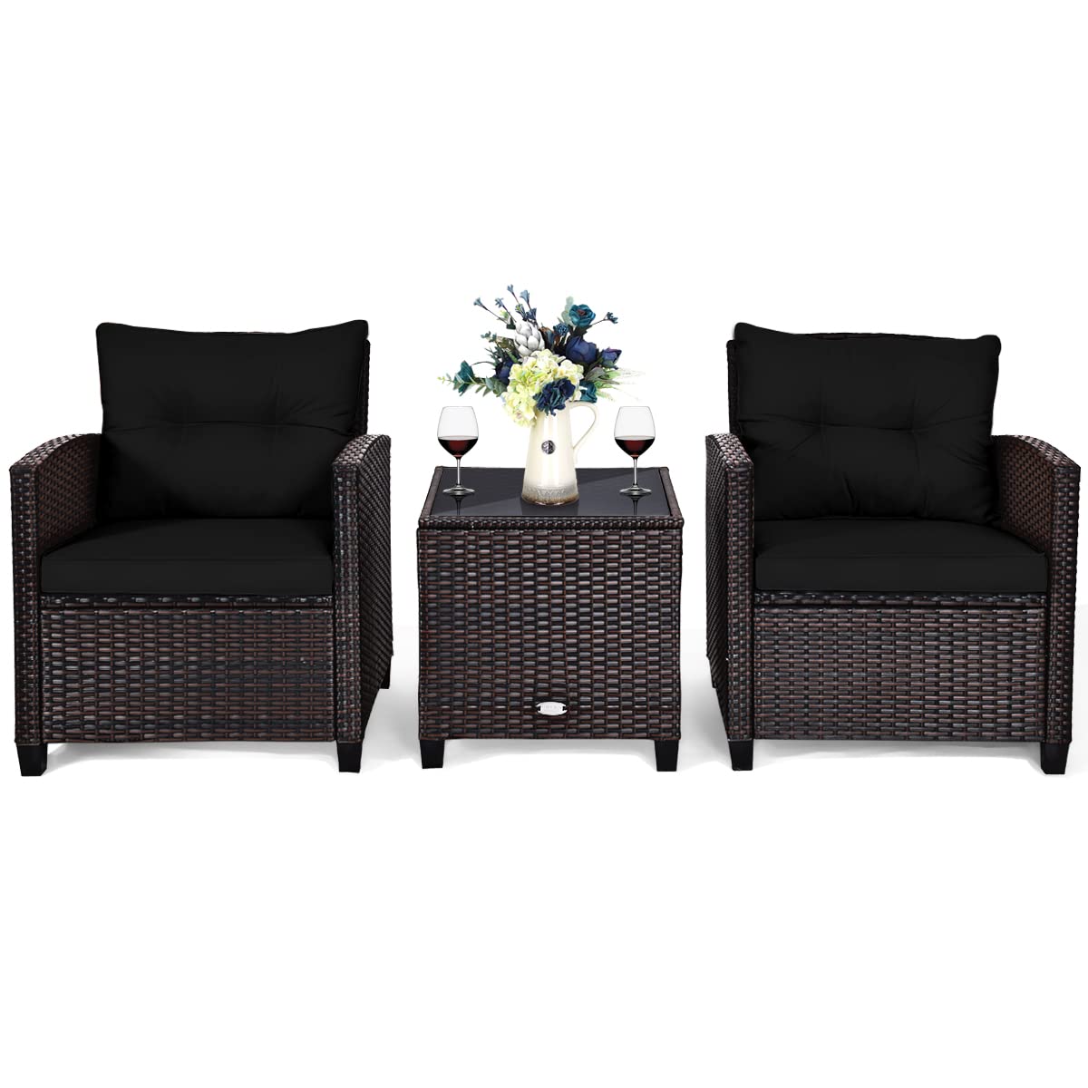 3-Piece Outdoor Rattan Conversation Set with Cushions & Glass Table