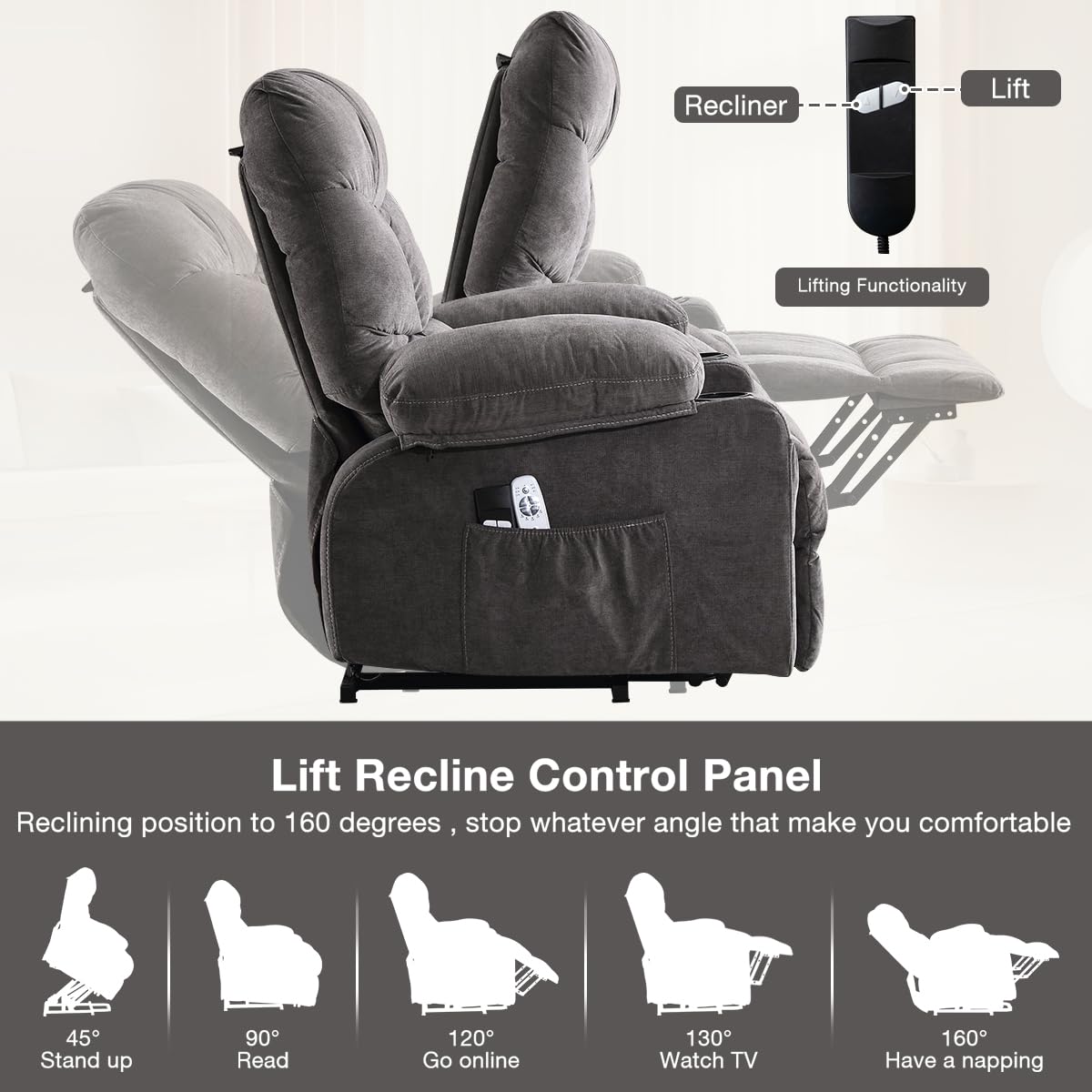 KWKSV Power Lift Recliner Chair for Elderly,8-Point Vibration Massage & Heat,Electric Lift Chair with Two Cup Holders,4 Side Pockets,Extended Footrest for Living Room
