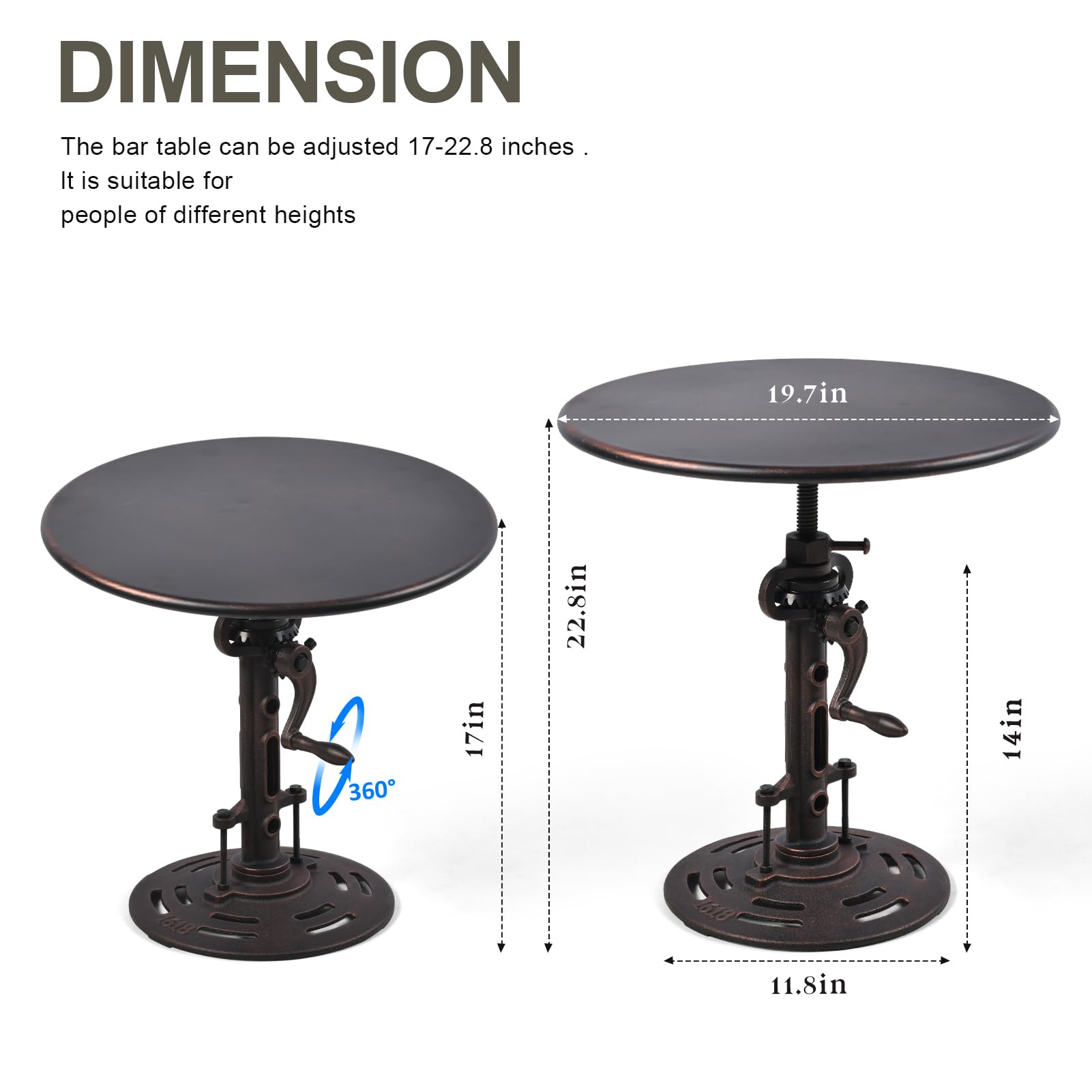 LOKKHAN Vintage Industrial Adjustable Height Crank Table for Home or Café- Round Iron Bistro/Dining/Desk with Mechanical Inspired Hand- Rustic Antique Style, Copper