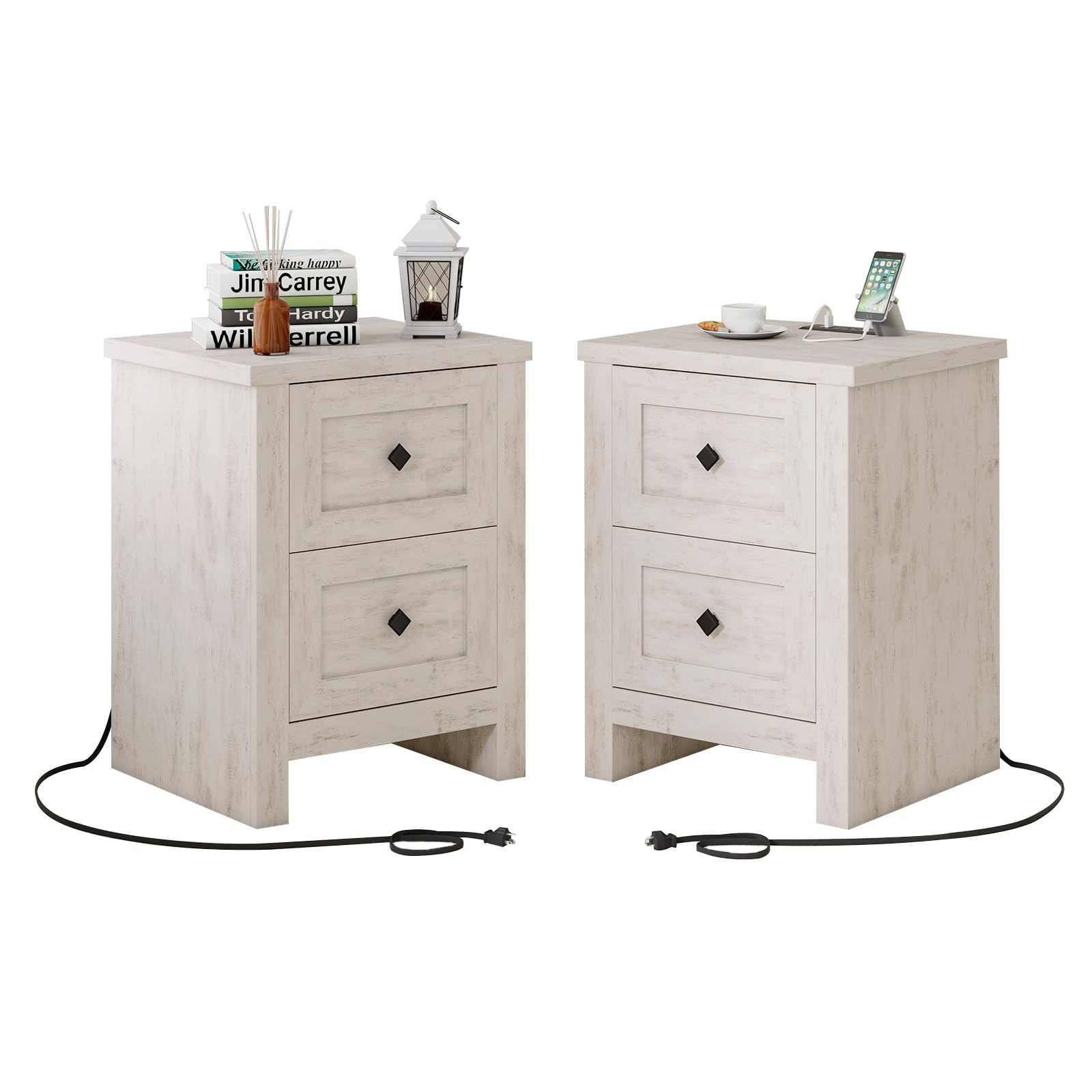 LUXOAK Nightstand Set of 2 with Charging Station, Farmhouse Night Stand with 2 Drawers Storage Cabinet, Rustic Wood Sofa Side Table for Bedroom, Office, Rustic White