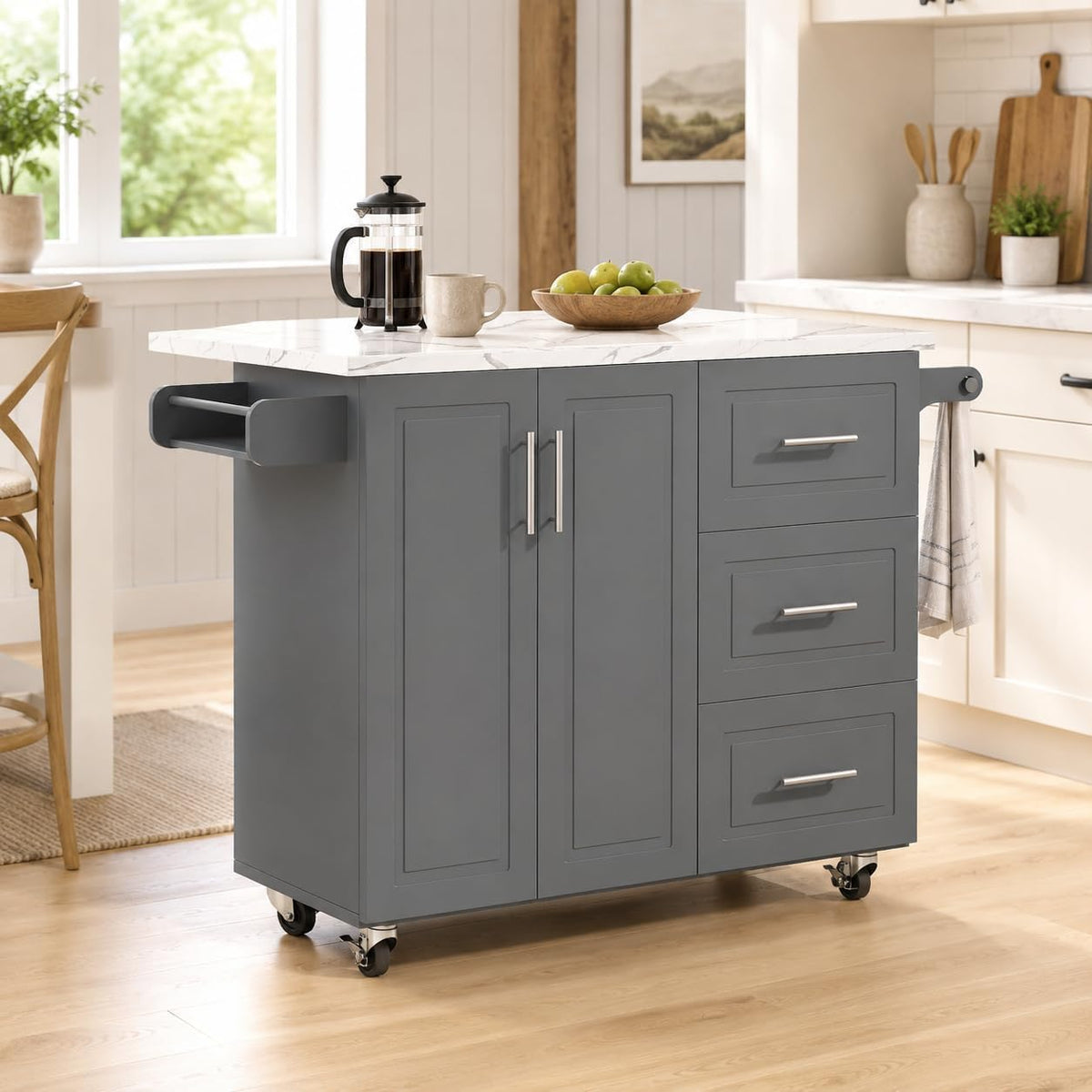 4 EVER WINNER 43" Kitchen Island with Drop Leaf, Rolling Kitchen Island