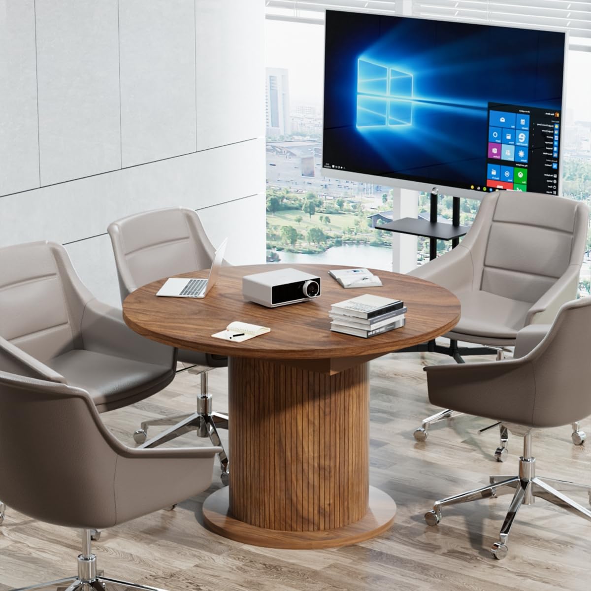 43.3 inch 59 inch Adjustable Size Round Conference Table for 4-6 People, Unique Design Modern Meeting Room Table, with Wood Strip Base (Walnut)