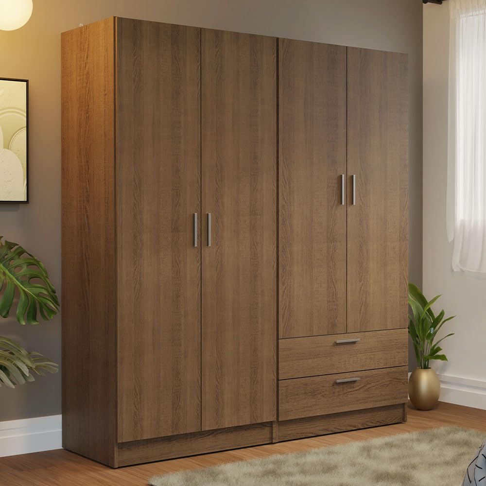 Madesa 4 Doors 2 Drawers Wardrobe Set Armoire Closet Bedroom Storage Cabinet with Shelves and Hanging Space 63" L Wooden Clothing Organizer Unit - Rustic