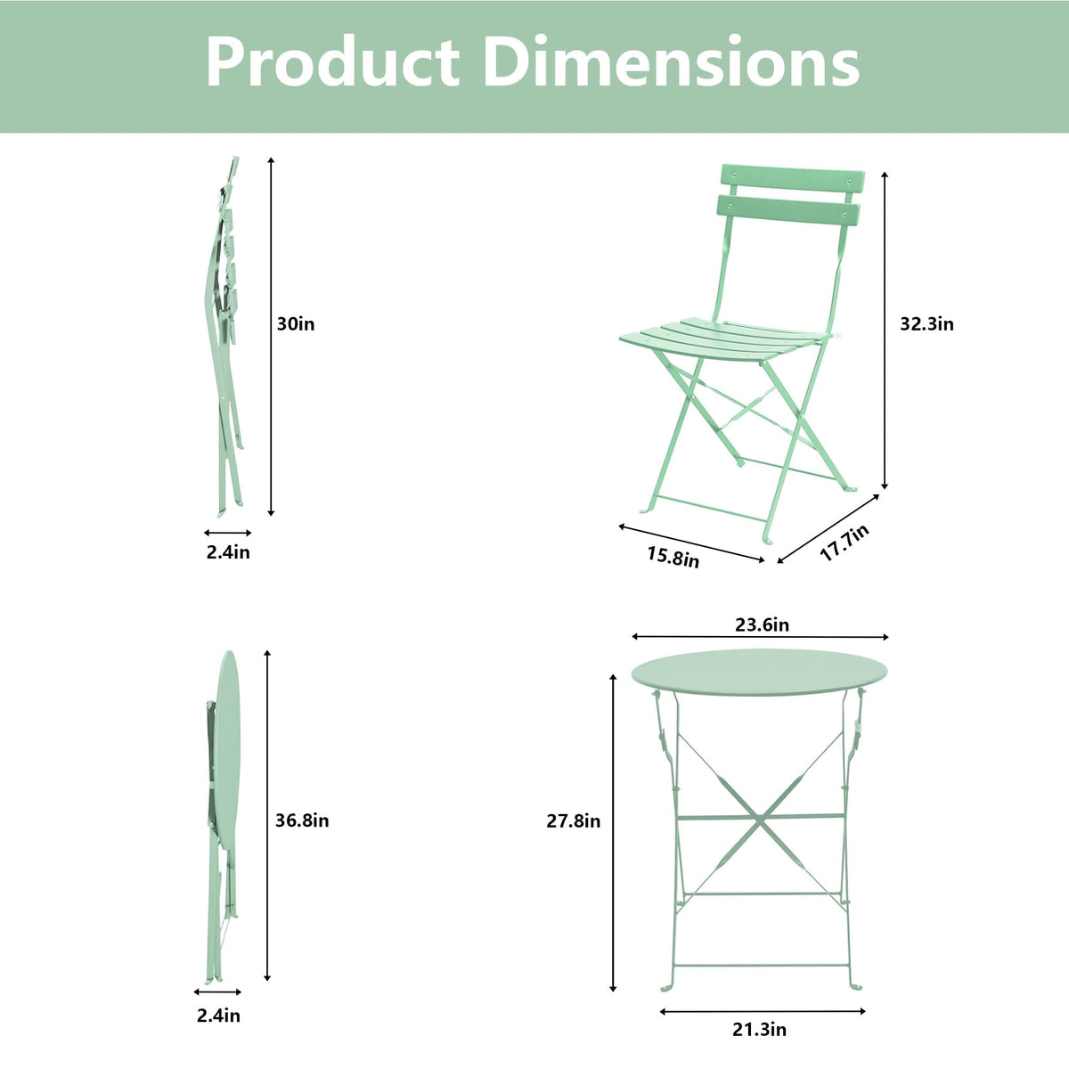 Decksplore 3-Piece Patio Bistro Set, Folding Outdoor Bistro Table and Chairs with Sturdy Steel Frame, No Assembly Required, Small Patio Furniture for Balcony Garden Porch, Bean Green