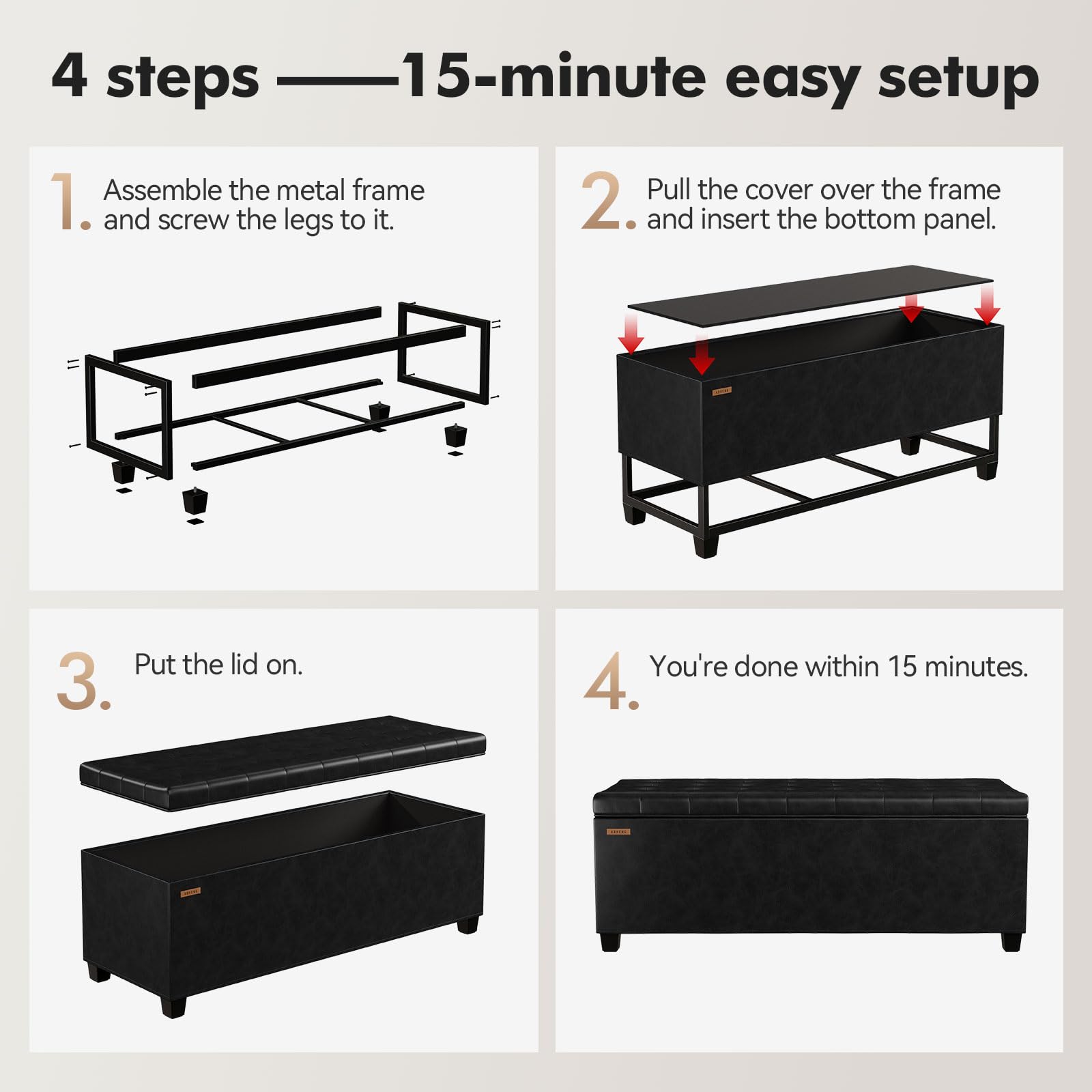 ABHENG Synthetic leather Storage ottoman bench with legs,43.5”W x 15.7”D x 15.7”H,metal frame end of bed bench hold up to 770 LB,Large Storage Chest hold up to 770 LB,Black UASND622B