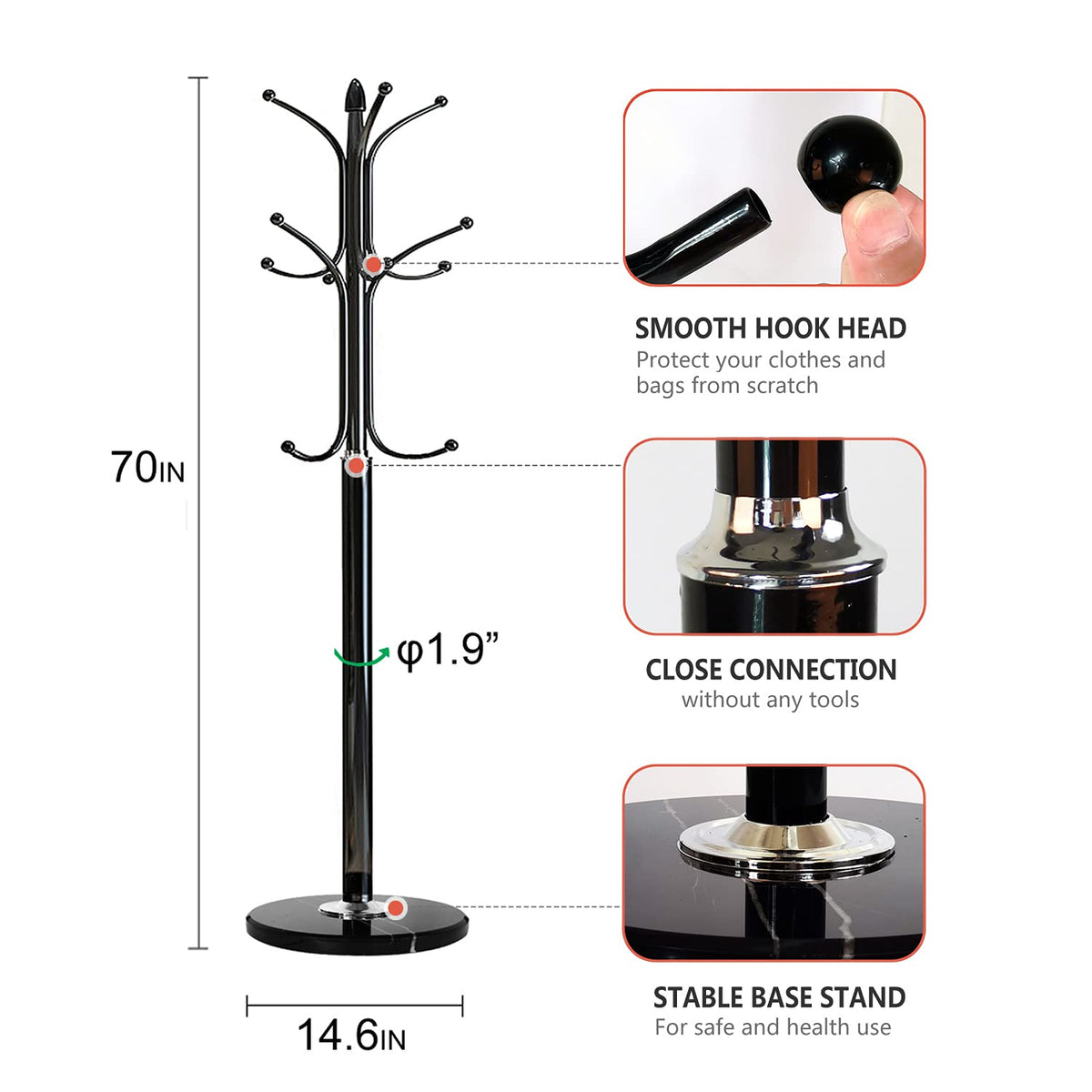 Kertnic Freestanding Coat Rack Stand, Heavy Duty Metal Hall Tree with 12 Hooks, 70 Inch Tall Stable Coat Hanger with 14.6" Natural Marble Base, Entryway Organizer for Coats Bags Hats Purses (Black)