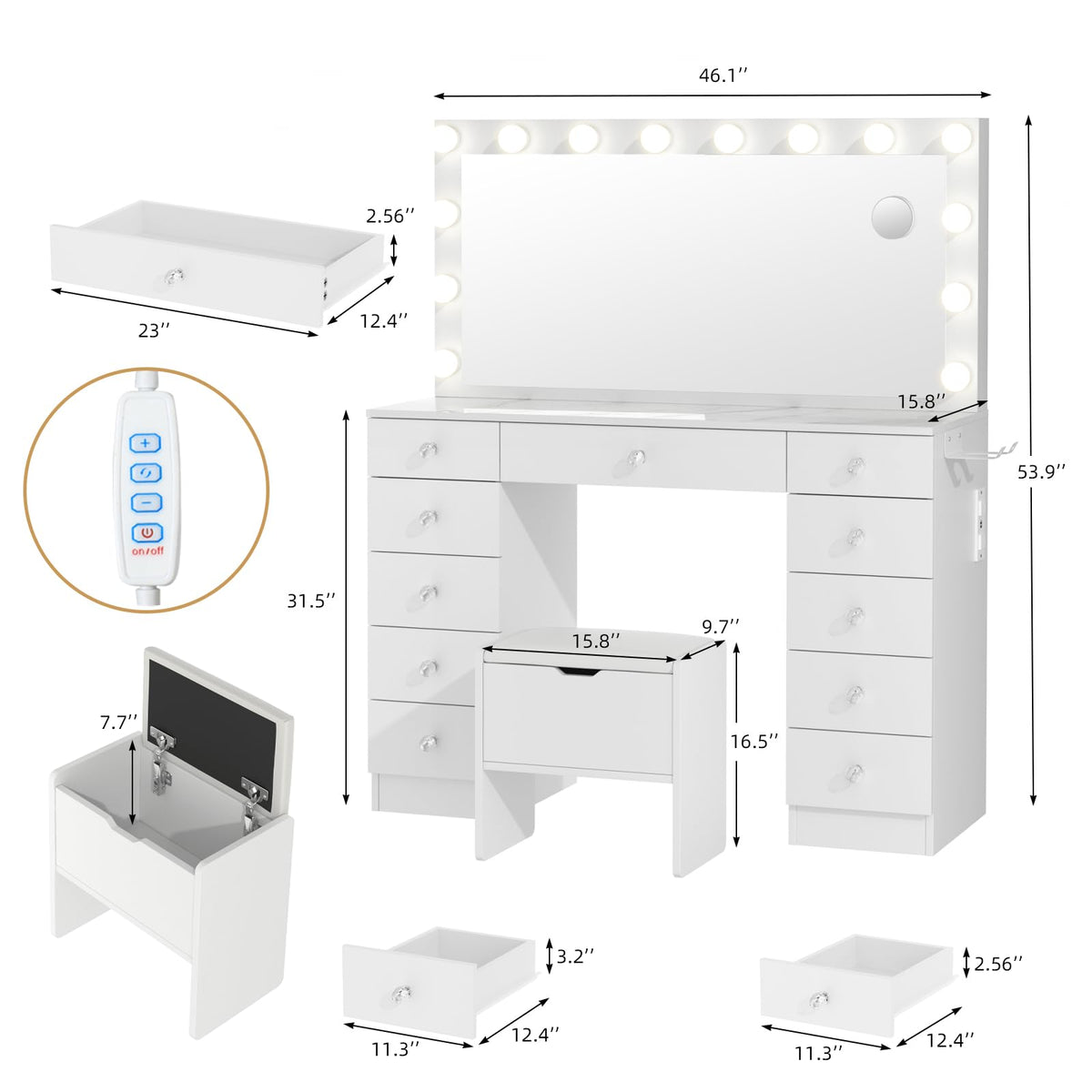 VOWNER Vanity with Lighted Mirror - 46" Makeup Vanity Desk with 11 Drawers