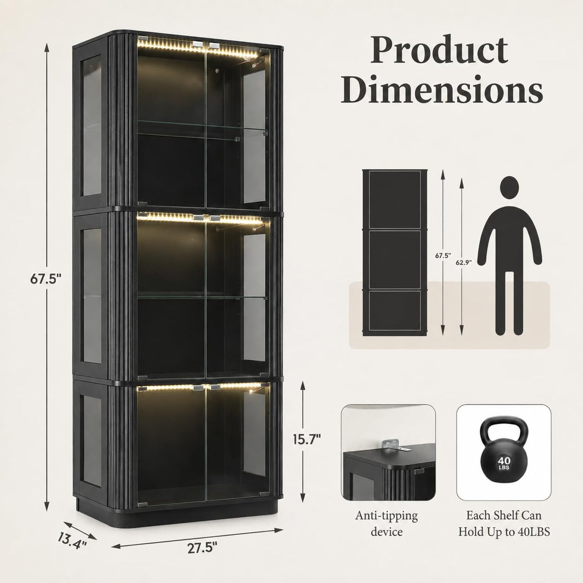 Arched Glass Display Cabinet with LED Lights