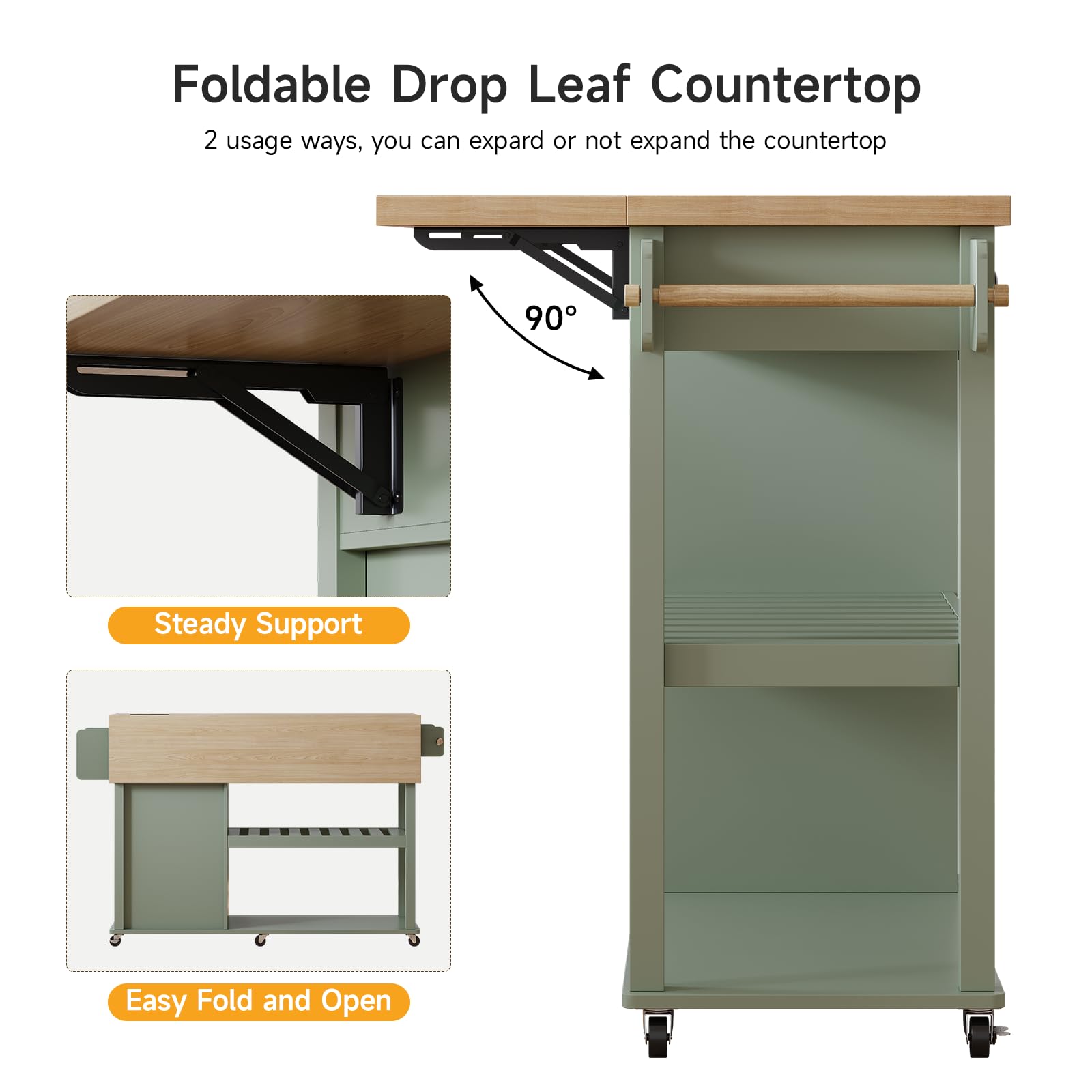 Rolling Kitchen Cart with Drop Leaf & Trash Cabinet