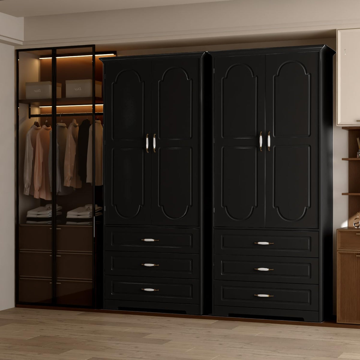 FJTJBSI 72" Wooden Armoire Wardrobe Closet with LED Bedroom Armoire with 3 Drawers and Retro Ceramic Handles Modern Wardrobe Cabinet with Removable Hanging Rod Black