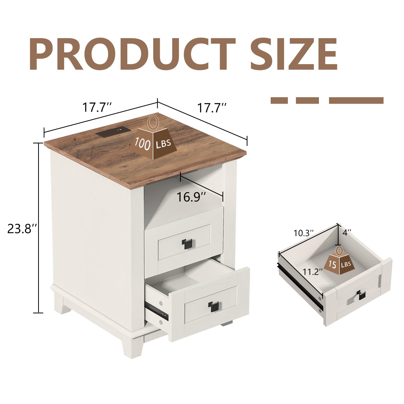 LUXOAK Farmhouse Nightstand Set of 2 with Charging Station, End Tables with 2 Storage Drawers & Open Shelf, Rustic Wood Bedside Tables for Bedroom, Living Room & Office, White/Barnwood