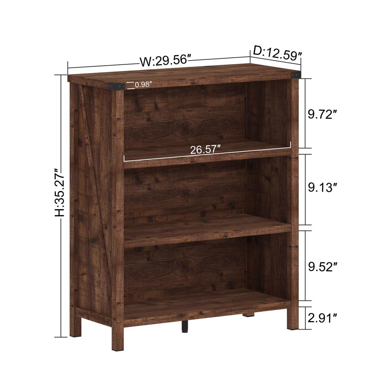 BON AUGURE Rustic Short Bookshelf, 3 Shelf Bookcase, Small Wood Low Book Cases/Shelves, Farmhouse Storage Tier Book Shelves for Home Office, Living Room, Small Space (Rustic Oak)