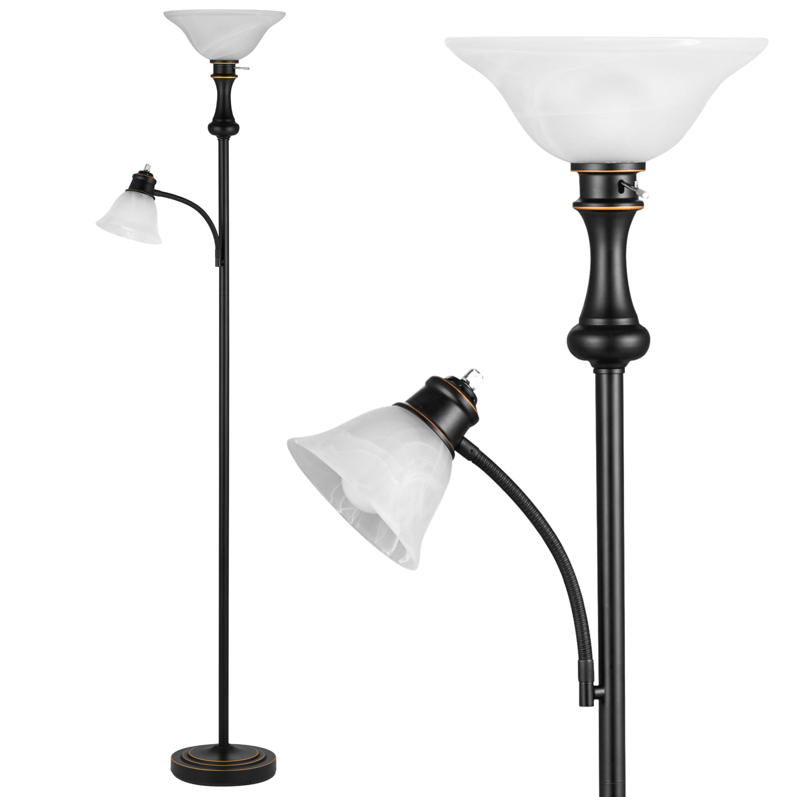 Leasgy 71'' Floor Lamps for Living Room, Tall Floor Lamp for Bedroom with Adjustable Angle Arc Reading lamp, Modern Torchiere Standing lamp with Glass Shade, Knob Switch, Bulb Included, Black