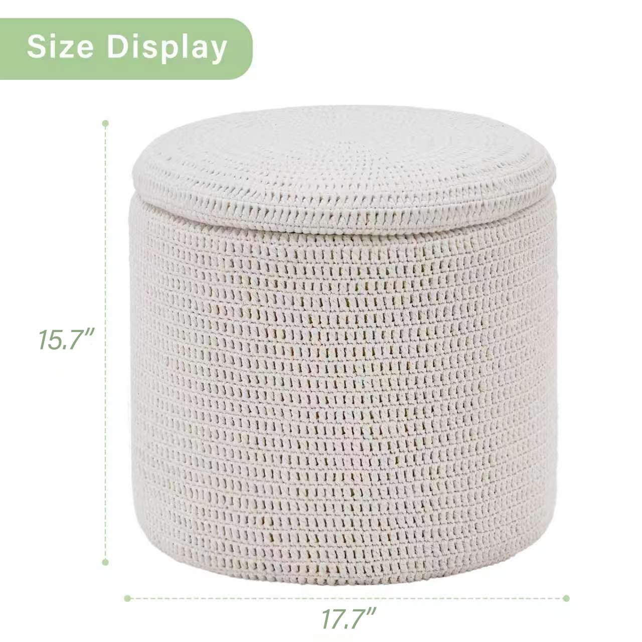 Wimarsbon Pouf Ottoman, 100% Cotton Knitted Boho Footstool, Round Footrest with Non-Skid Wood Legs, Home Décor Handmade Pouffe, Leisure Floor Step Stool for Living Room (18inch Storage Ottoman)