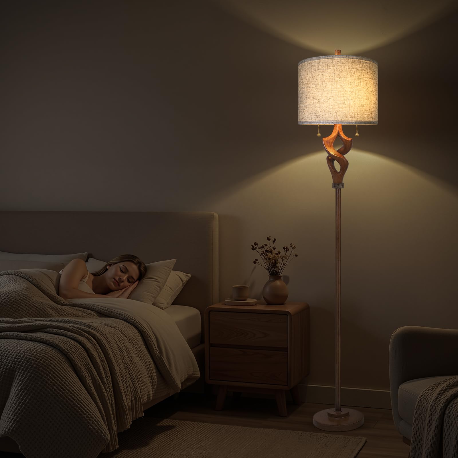 Scenekoy Sculptural 65.5” Floor Lamp for Living Room Bedroom, Bronze Wood Finish & Resin Body, Pull Chains Switch Standing Lamp, Brightness Adjustable Corner Lamp with Bulb Prefer for Home Office Bar