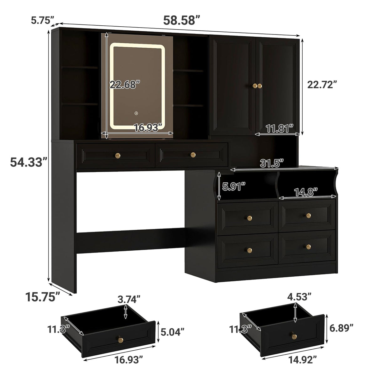 Black Vanity Desk with LED Sliding Mirror
