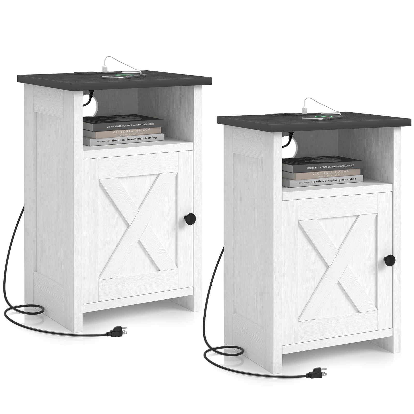 AURINEST Farmhouse End Table Set of 2 w/Charging Station, Nightstands w/Barn Door&Storage Shelf, Rustic Bedside Table for Living Room, Bedroom, Entryway, Office, Small Spaces, White