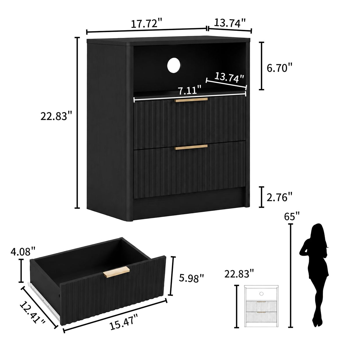 Black Fluted Nightstands Set of 2