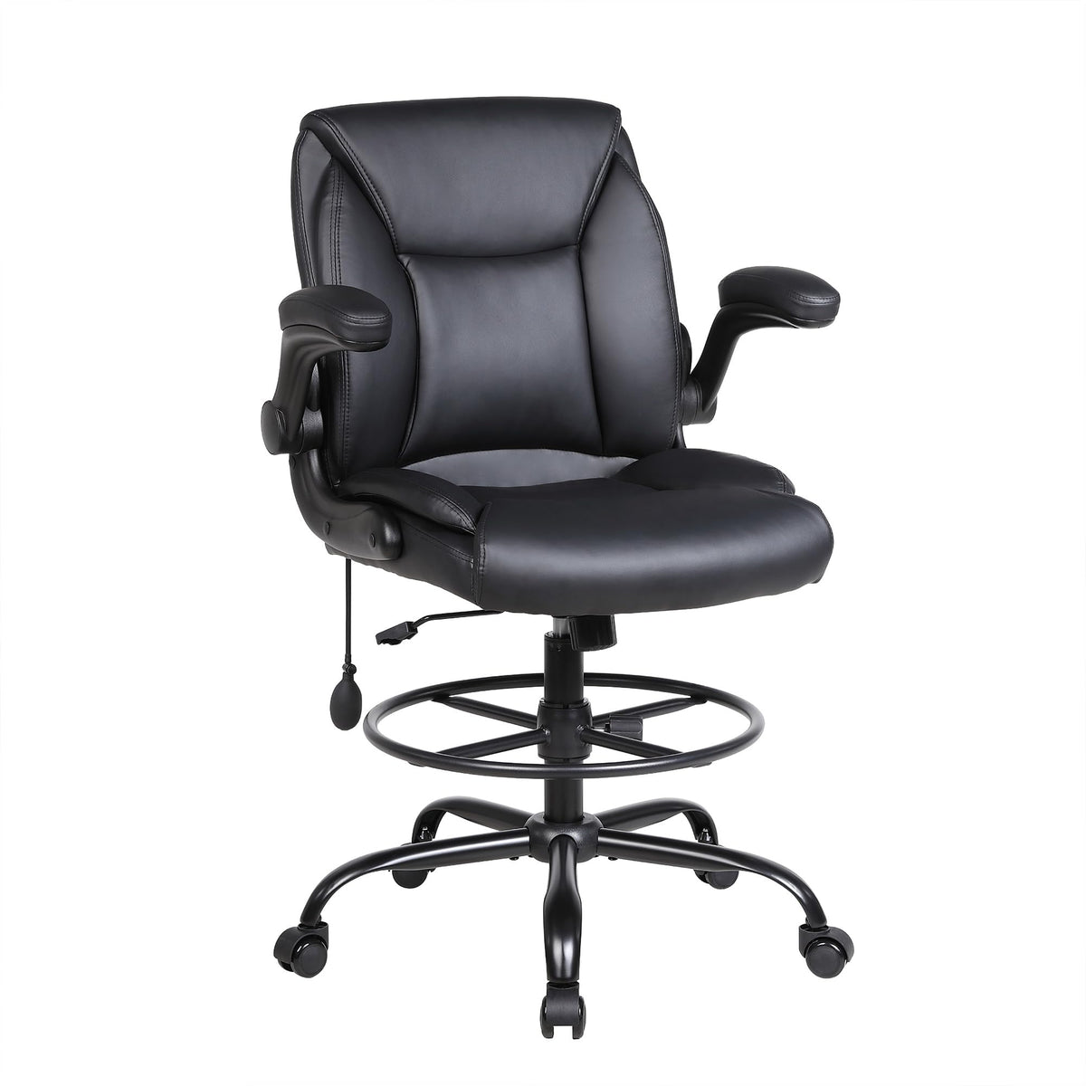 Ermnois PU Leather Drafting Chair, Adjustable Lumbar Support, Black,1
