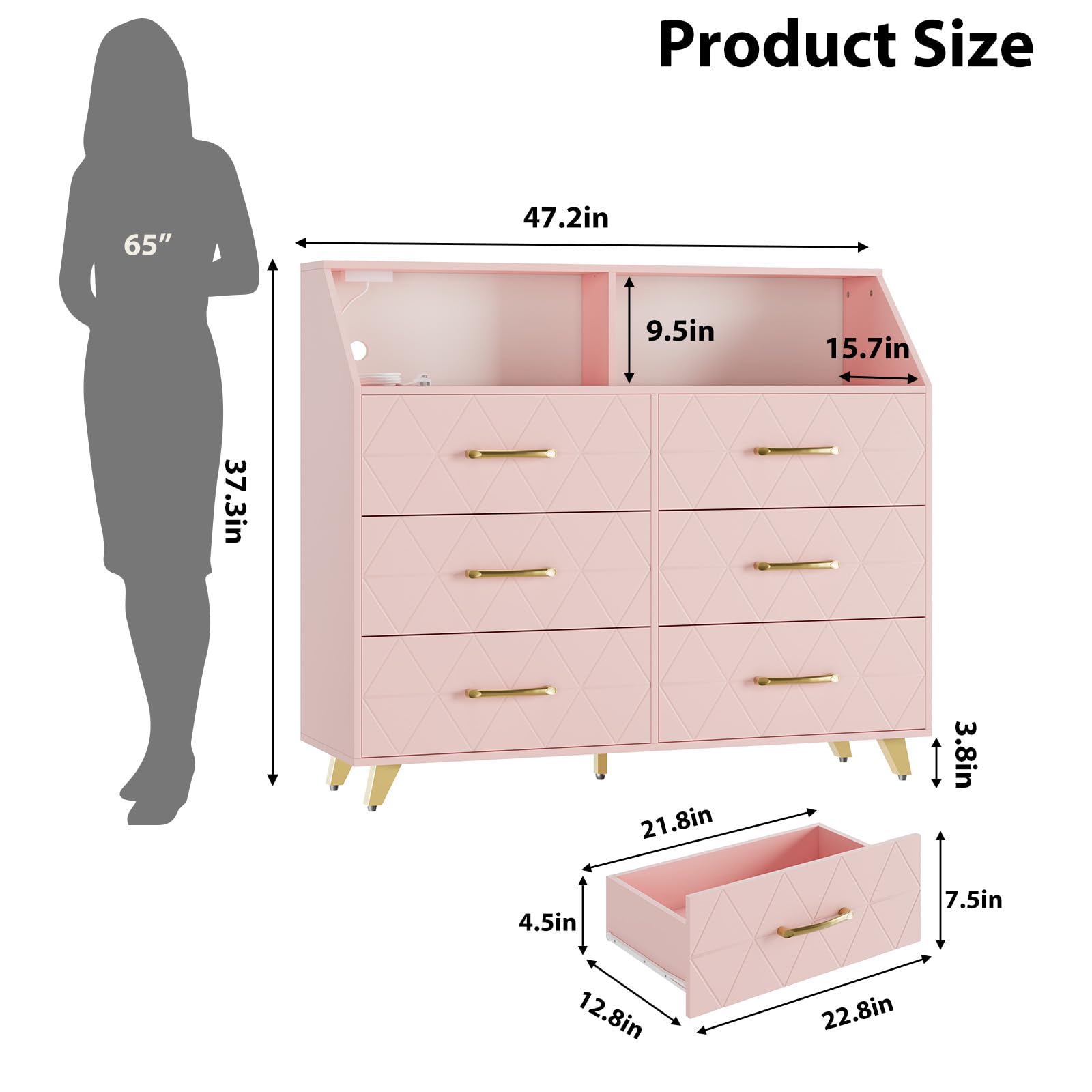 Hetoy 6 Drawer Wooden Dresser with LED Light and Charging Station,Modern Chest of Drawers with Open Shelves & Gold Handles, Versatile Storage Cabinet for Bedroom, Living Room, Hallway