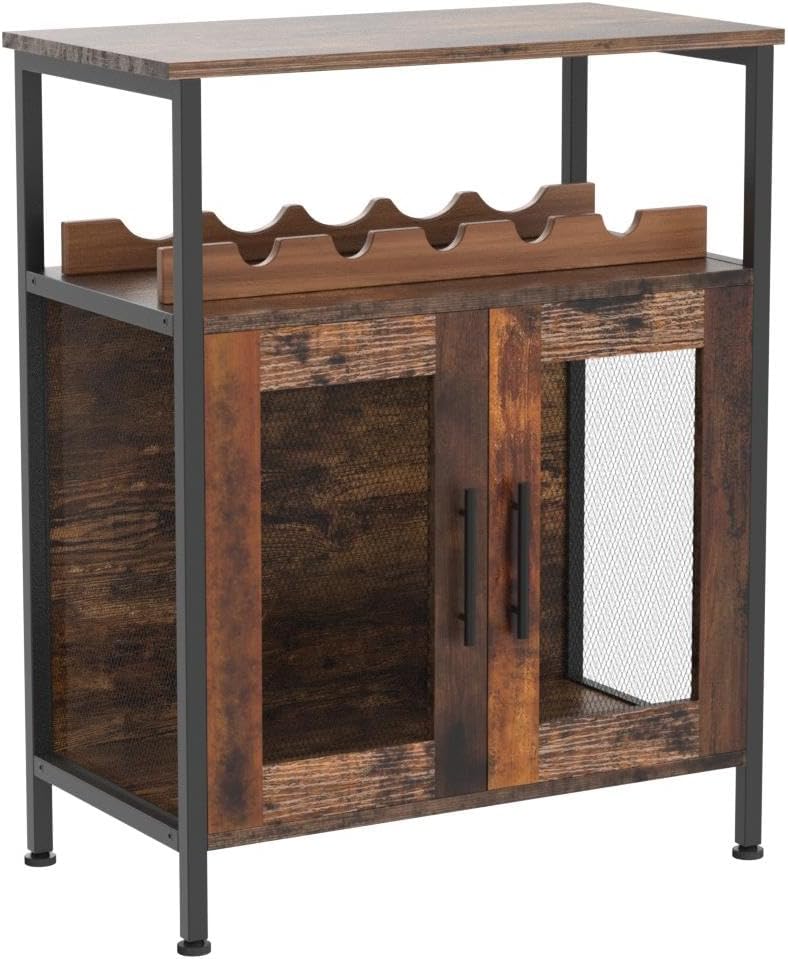 Wine Bar Cabinet with Detachable Wine Rack, Glass Holder & Mesh Door
