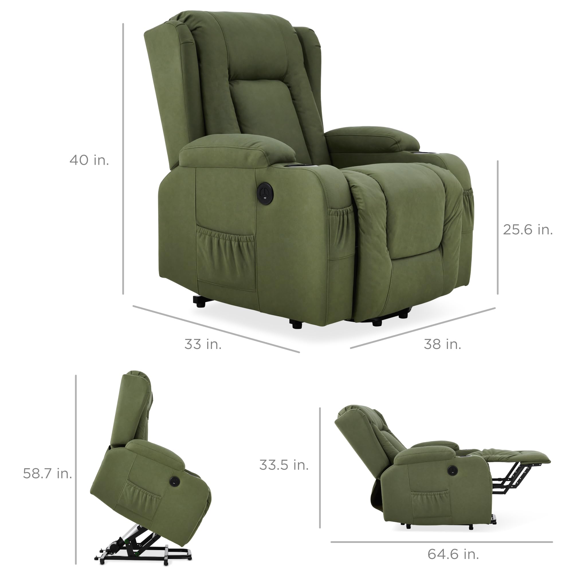 Best Choice Products PU Leather Electric Power Lift Chair, Recliner Massage Chair, Adjustable Furniture for Back, Legs w/ 3 Positions, USB Port, Heat, Cupholders, Easy-to-Reach Side Button - Olive
