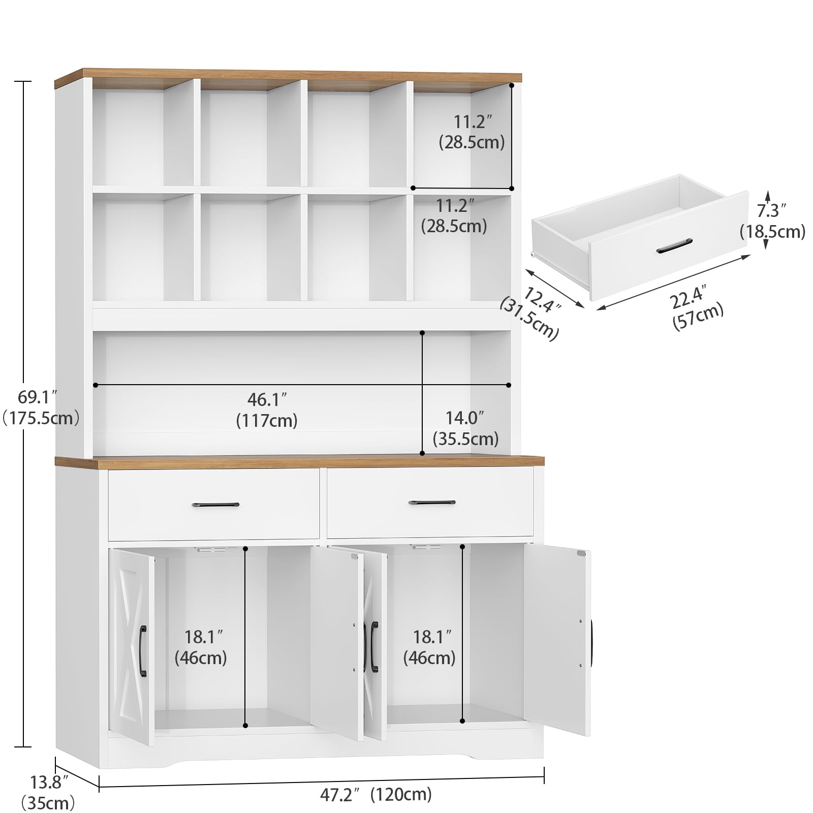 TEENFON Bookshelf and Bookcase, 5 Tier Floor Standing Bookshelves, Large Bookcases with Drawers and Storage Cabinet, 8 Open Storage Shelves and Printer Stand for Study, Living Room, Office