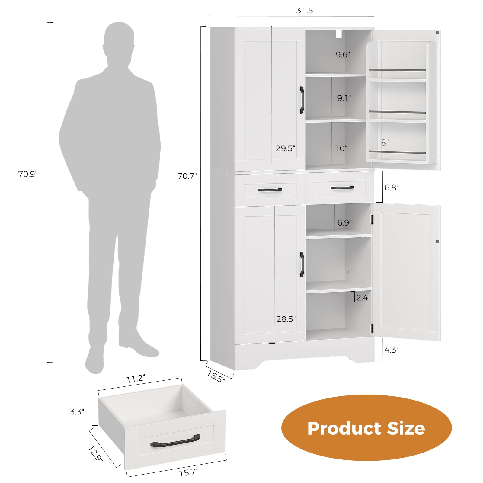 71" Tall Kitchen Pantry Cabinet, Pantry Organizers and Storage Cabinet, Kitchen Storage Cabinets with Doors, Side Storage, 2 Drawer, Adjustable Shelves for Laundry, Bathroom, Garage, White, UXZSG001W