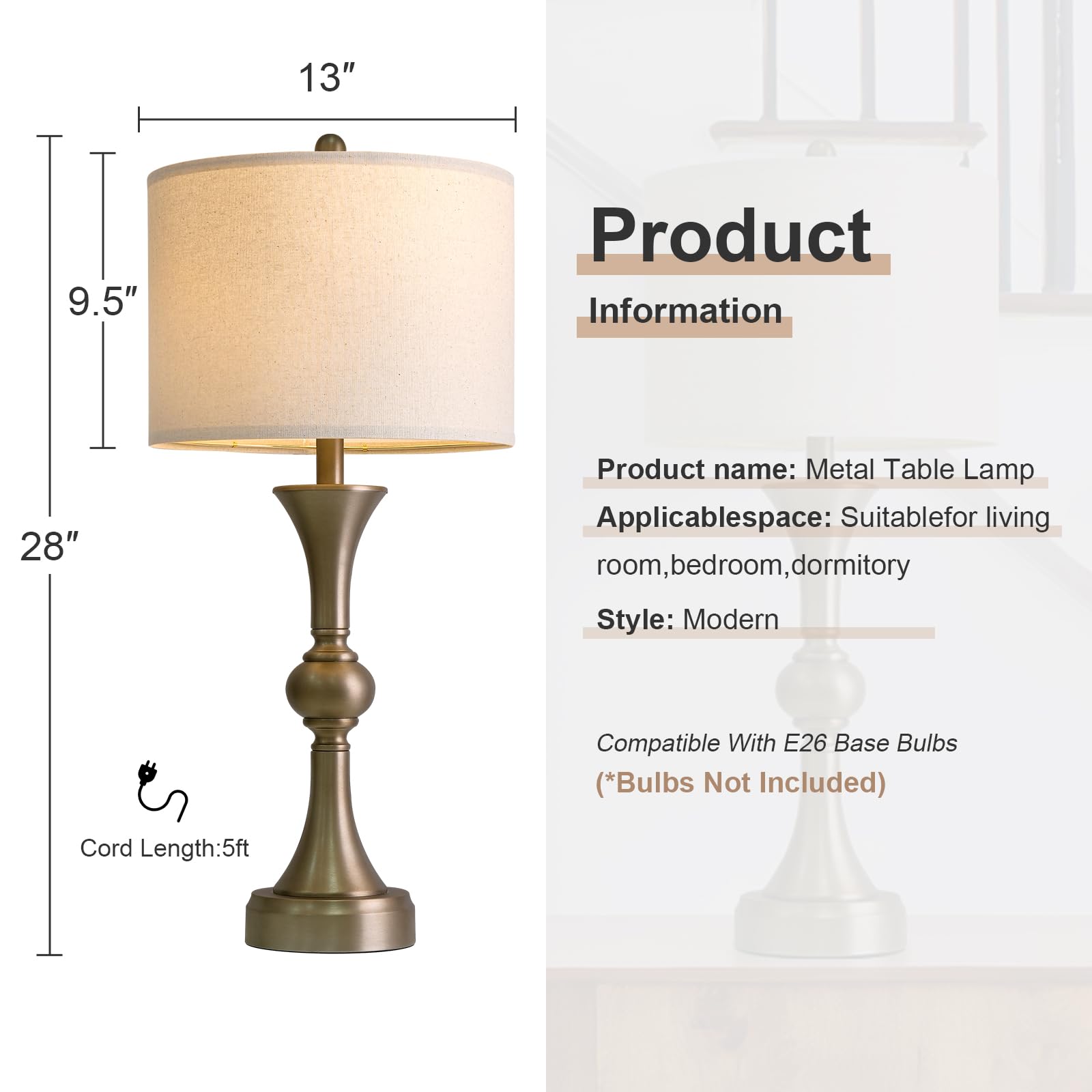 Oneach 28" Modern Table Lamps Set of 2 for Living Room, Warm Gold Bedside Lamps with USB Ports, Nightstand Lamps Set for Bedroom Farmhouse Lamp End Table Lamps (Bulbs not Included)