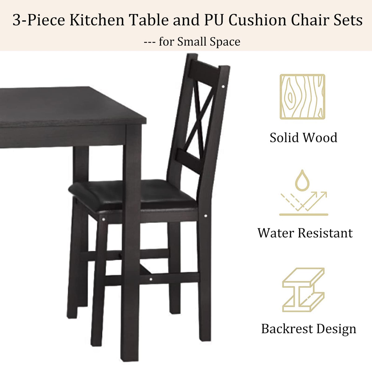 Hudada 3-Piece Solid Wood Kitchen Table Set for 2 | Pine Dining Table with Upholstered Chairs | Space-Saving Design | Smooth Easy-to-Clean Surface | for Dining Room, Apartment, Restaurant, Dark Brown
