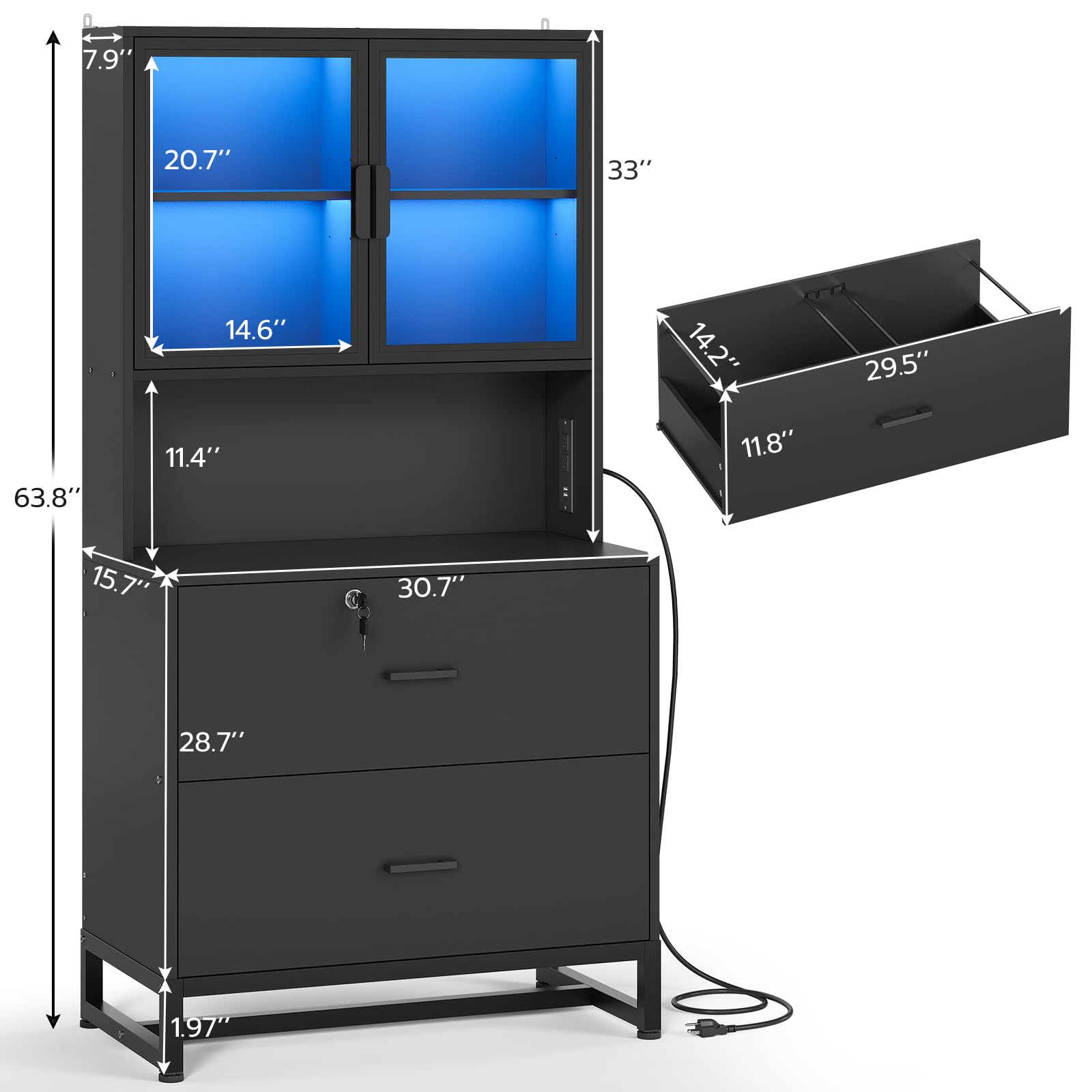 2-Drawer File Cabinet with Lock, Charging Station & Bookshelf