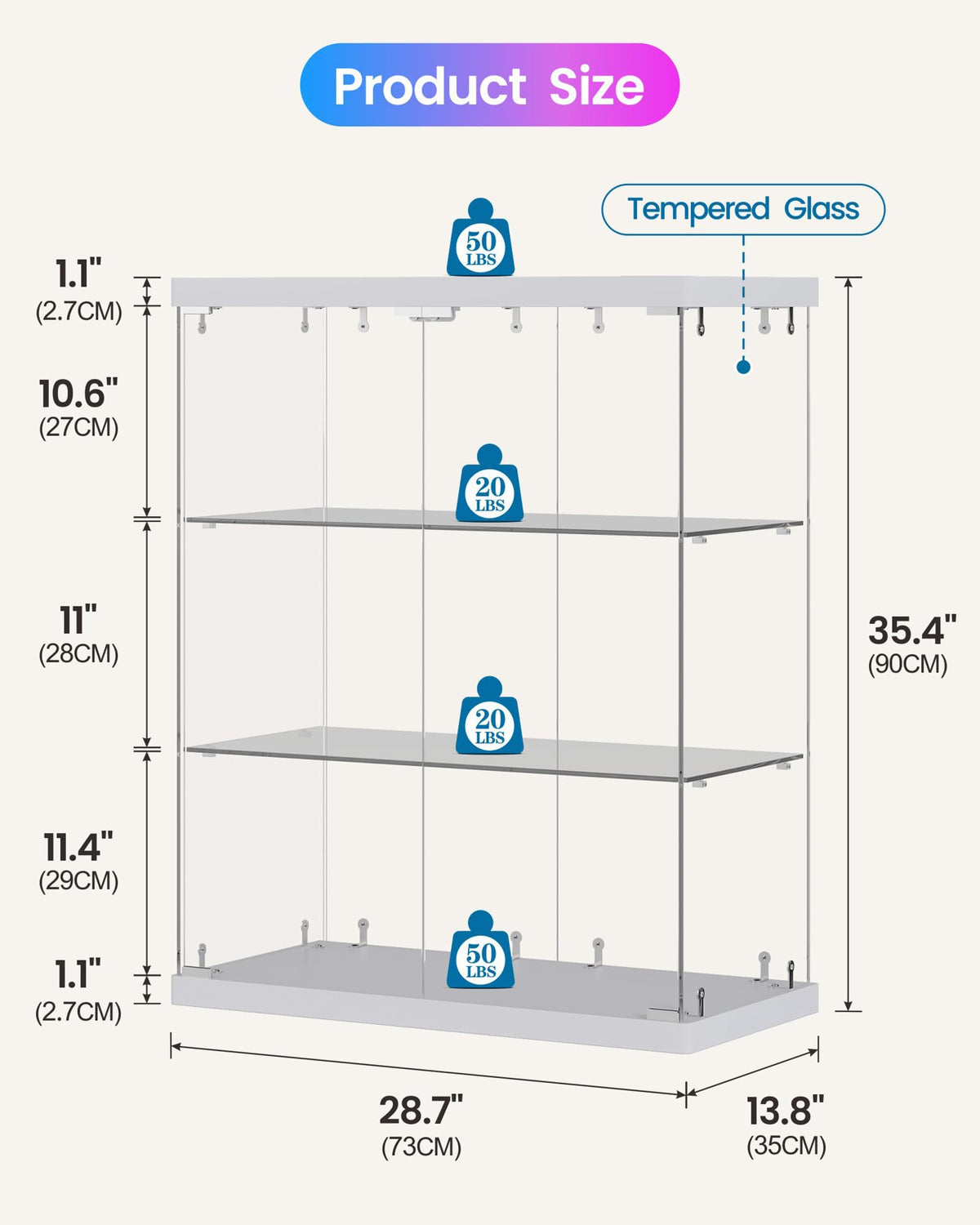 TAGELIER Glass Display Cabinet with Charging Station, RGB LED Lights, White