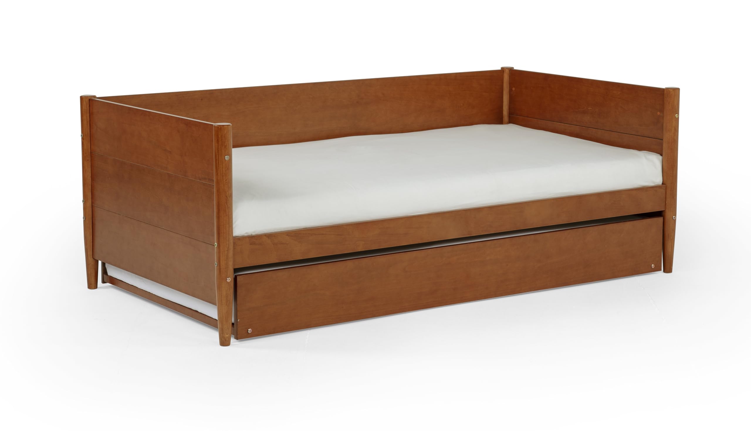Camaflexi Mid-Century Modern Daybed & Trundle/Solid and Manufactured Wood/Panel Headboard/No Box Spring Needed/Foundation has 14 Wood Slats/Twin Trundle/Easy Assembly, Castanho Finish, Twin.