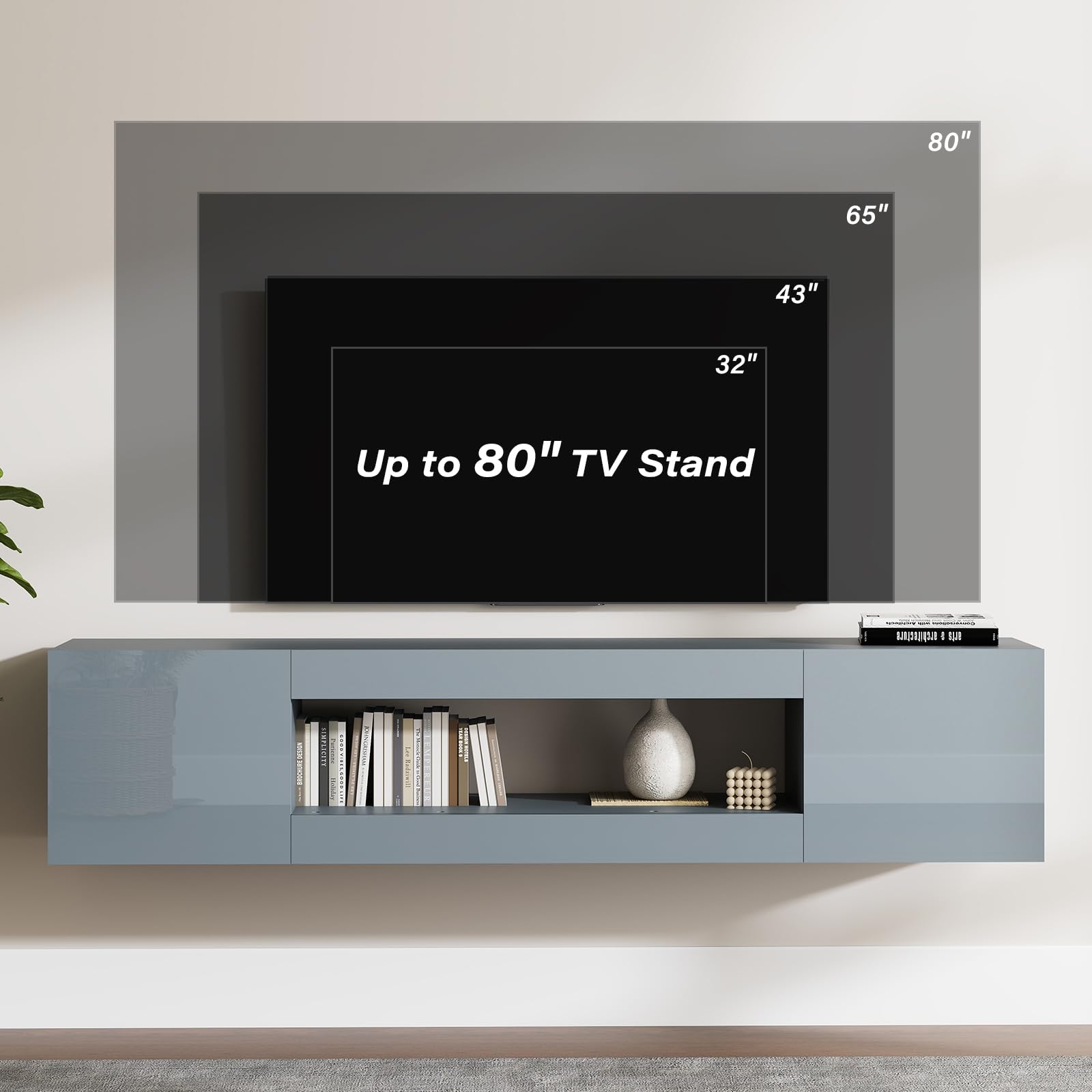 EAG 70" Floating TV Stand for TVs Up to 80", Modern Wall Mounted Entertainment Center with Storage, High Gloss Floating TV Shelf with Flip Doors, TV Floating Cabinet for Living Room (Gray)