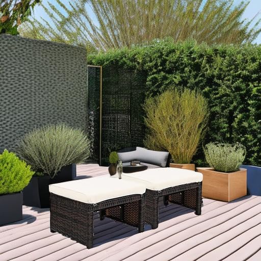 2-Piece Outdoor Rattan Ottoman Set with Cushions