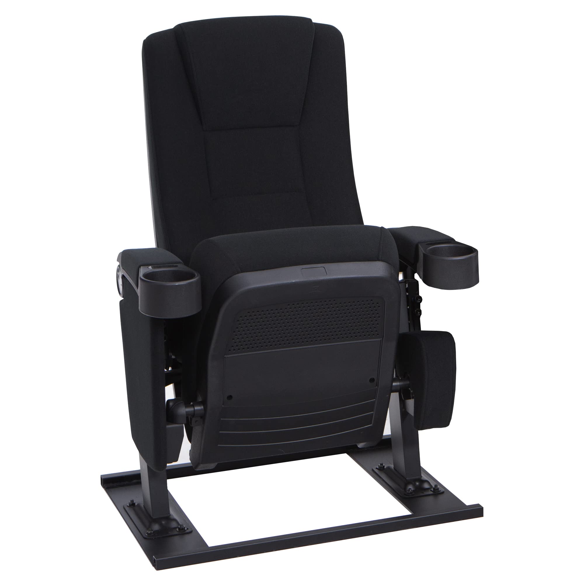 Seatcraft Zenith Movie Theater Seating, Fabric, No-Drill Free-Standing Base, Rocker Recliner, Flip-Up Armrests w/Cupholders, Gravity Lift Seat Surface, Row of 4, Black