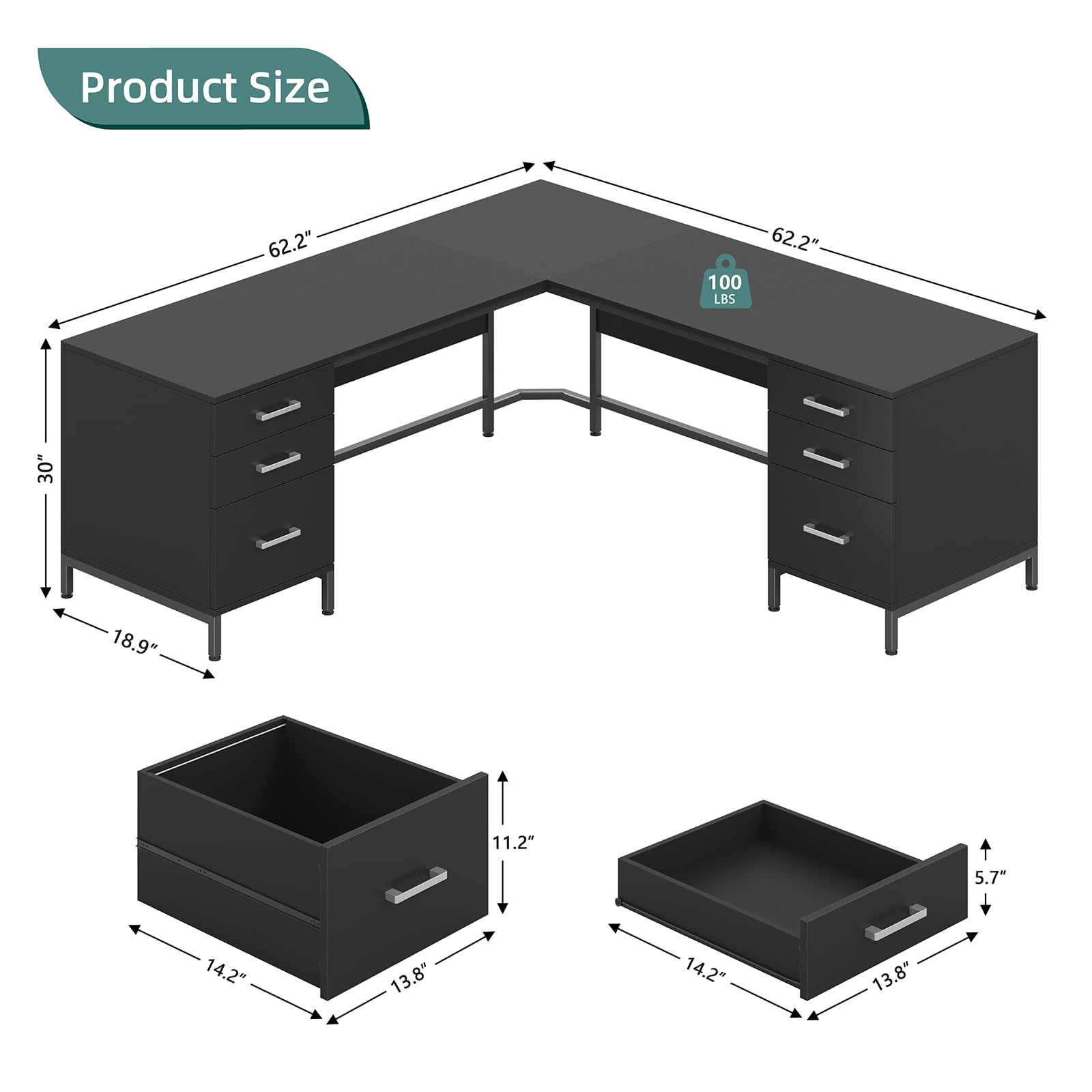 L-Shaped Corner Desk with 6 Drawers