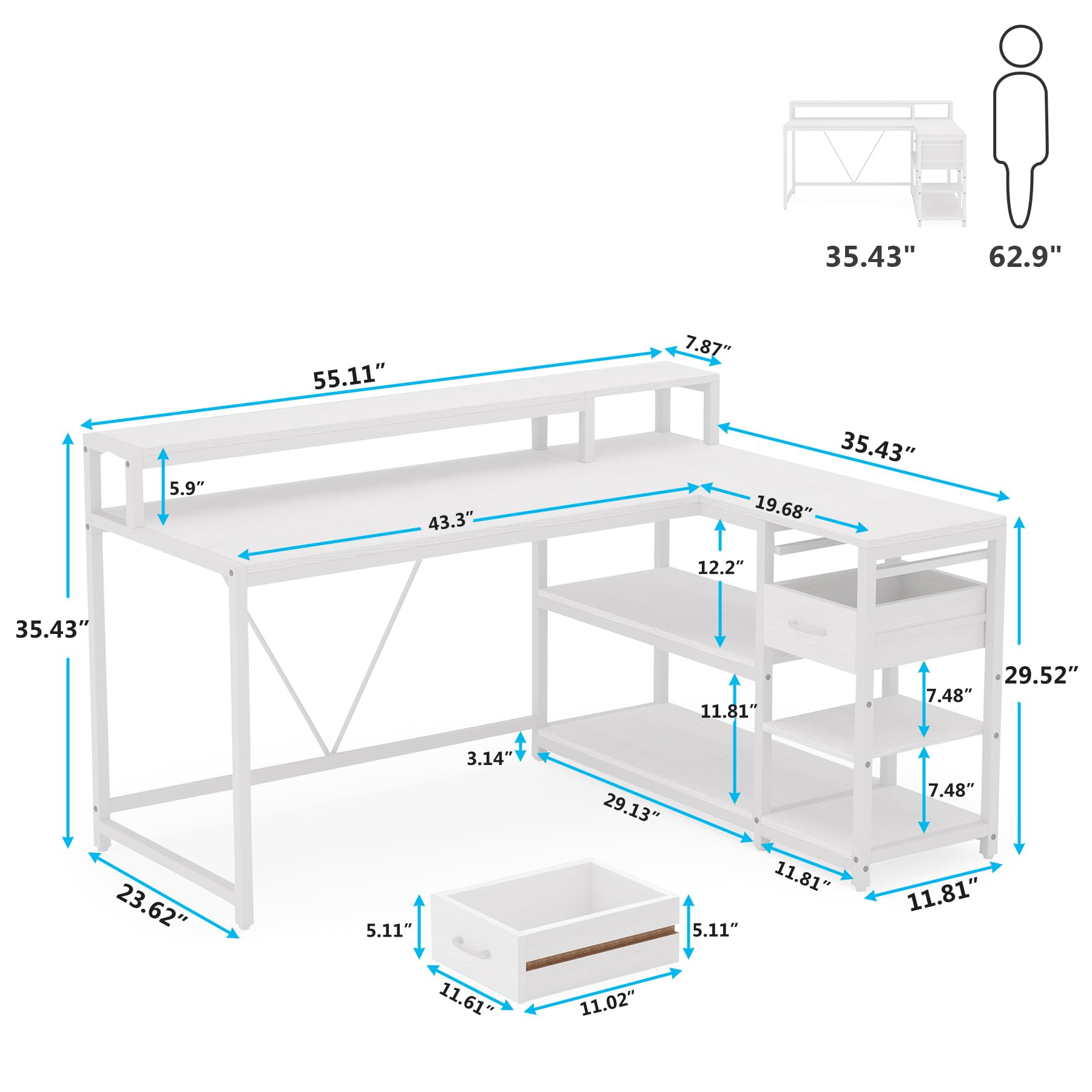 Tribesigns 55-inches Reversible L Shaped Desk with Drawer, Modern White L Corner Desk Home Office Table with Storage Shelves and Monitor Stand, Wooden and Metal PC Desk for Small Space