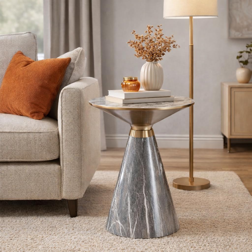 LOVEDIMA Small Side Table, Modern End Table for Living Room Sofa/Bedside, Hourglass-Shape End Table with Sintered Stone Top & Stainless Steel Base