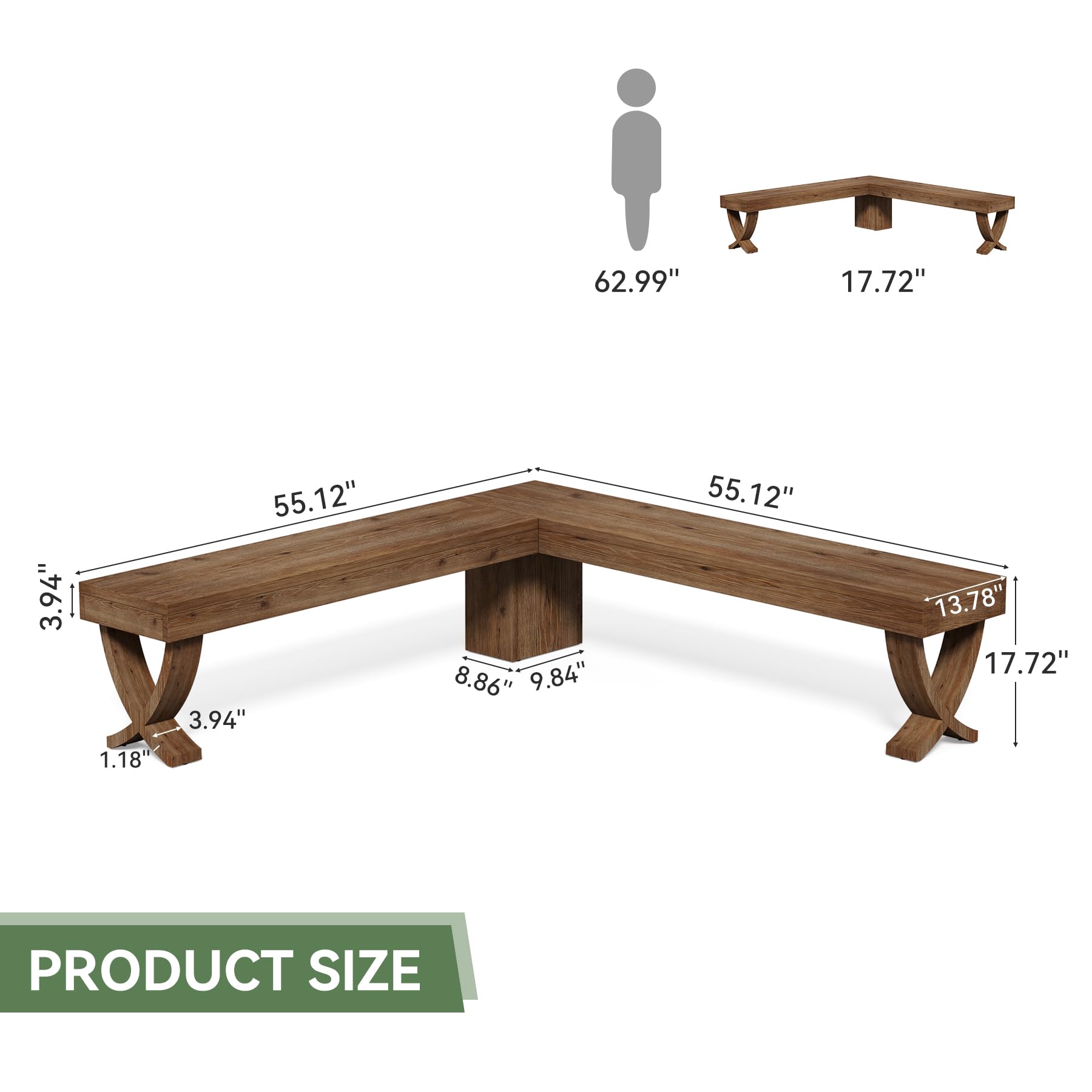 TRIBEWOOD L Shaped Solid Wood Corner Bench, 55-Inch Farmhouse Table Bench with X-Shaped Leg, Backless Entryway Shoe Bench, for Dining Room, Hallway, Rustic Brown