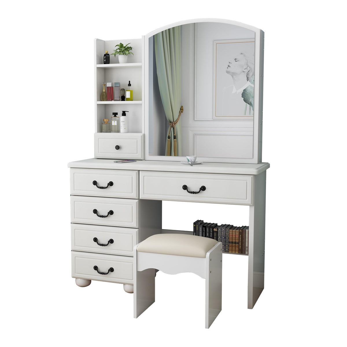 PVWIIK Vanity Desk with LED Lighted Mirror, 3 Dimmable Light Modes, Makeup Vanity Set with Chair, 6 Drawers & Open Storage Shelves, White Dressing Table for Bedroom
