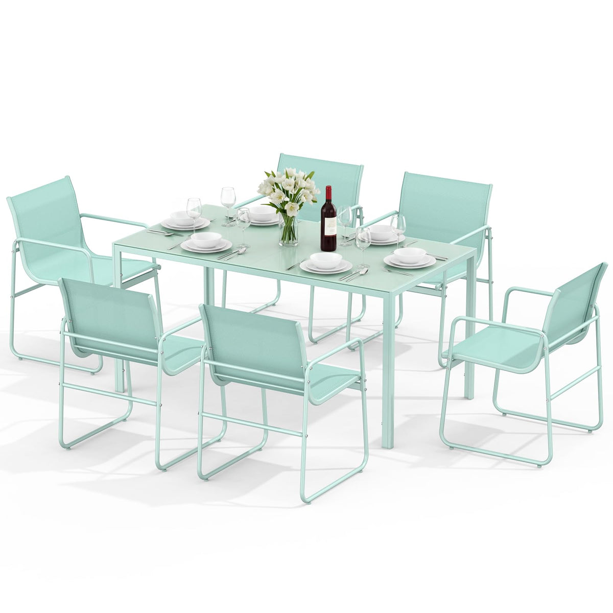 ONBRILL 7 Piece Patio Dining Set for 6 with Textilene Chairs, Aqua