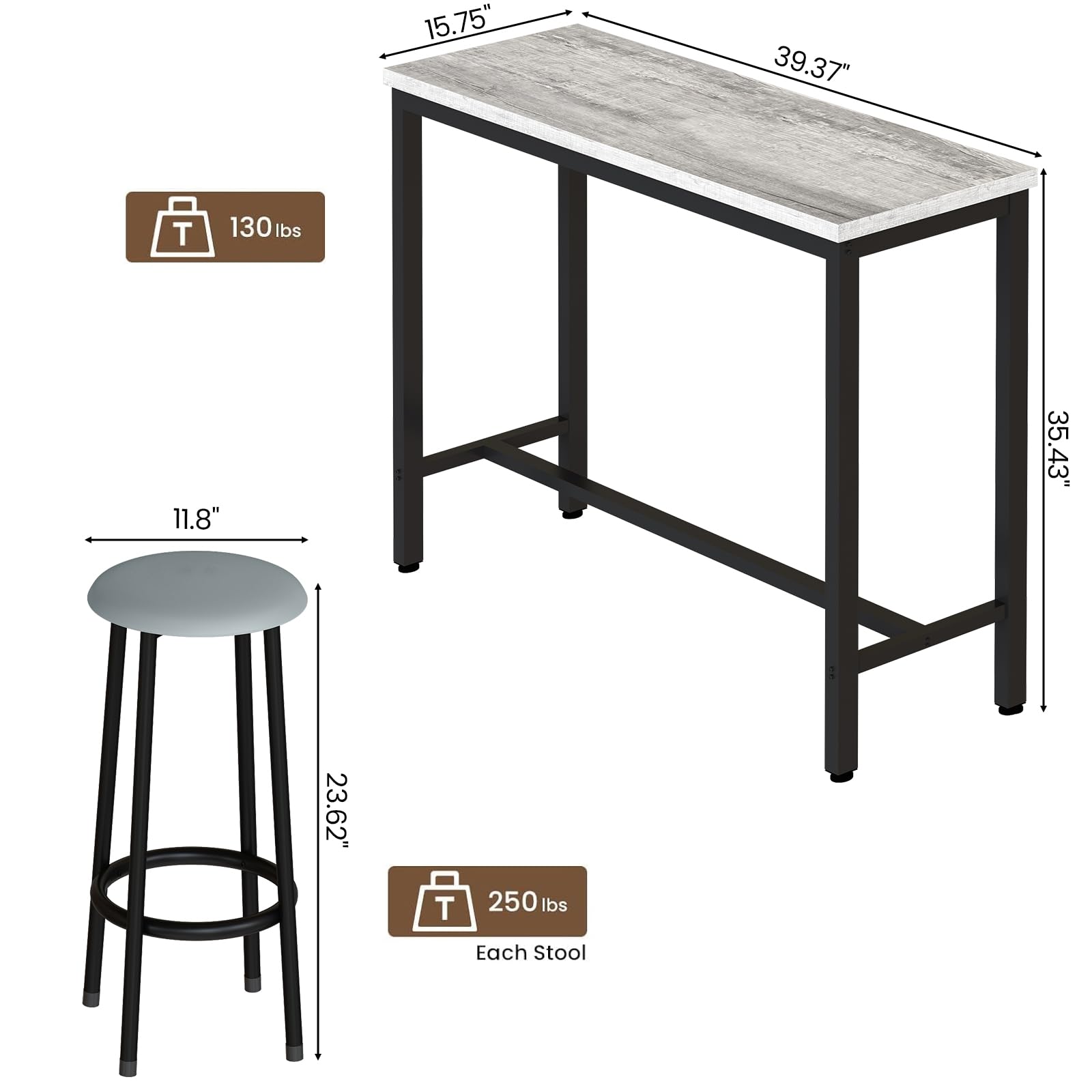 AWQM 39.3" Bar Table Set of 2,Faux Marble Pub Height Table and Chairs Set of 2 with Upholstered Stools,3 Piece Bar Table and Chairs Set Dining Table Set for Living Room,Kitchen,Bar,Grey