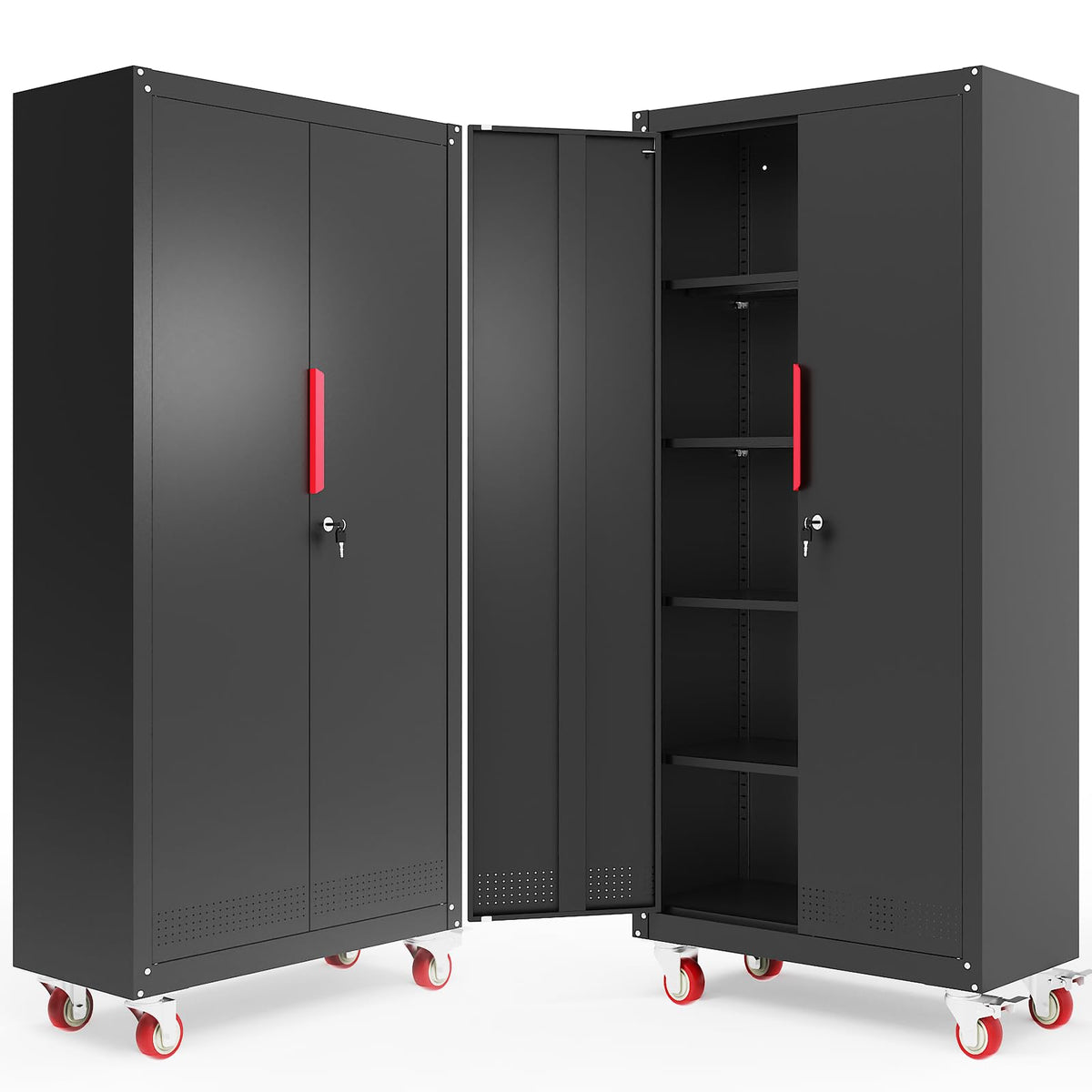 Metal Storage Cabinet with Wheels,71"H Garage Cabinets with 4 Adjustable Shelves + Lockable Door,Heavy-Duty Garage Cabinet and Storage System for Garage,Home Workshop & Office(200 lbs per shelf)