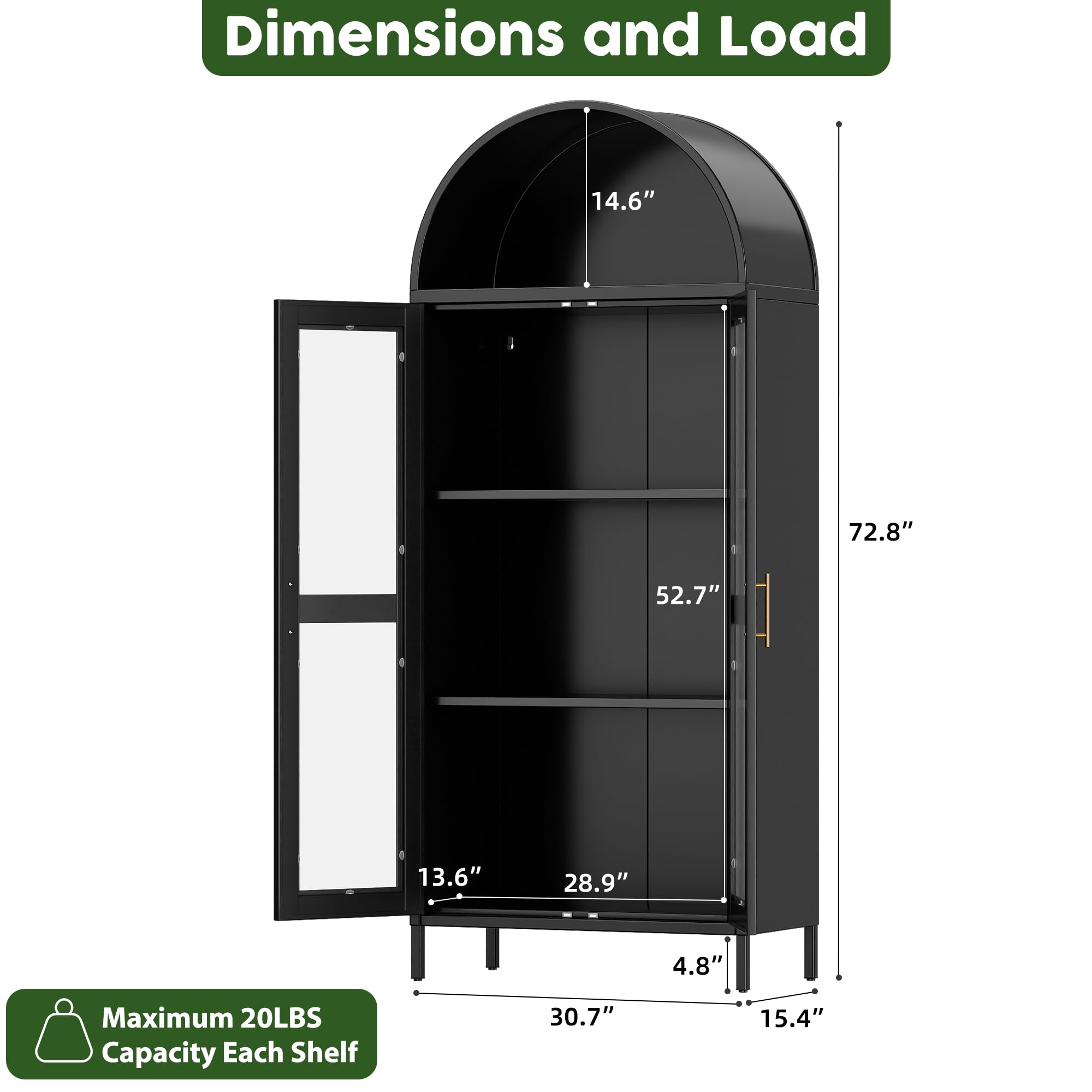 JAORD 73" Black Metal Arched Display Cabinet with Motion Sensor LED Lights, Glass Doors, 2 Adjustable Shelves, Heavy Duty Curio Bookcase for Living Room, Home Office, Assembly Required