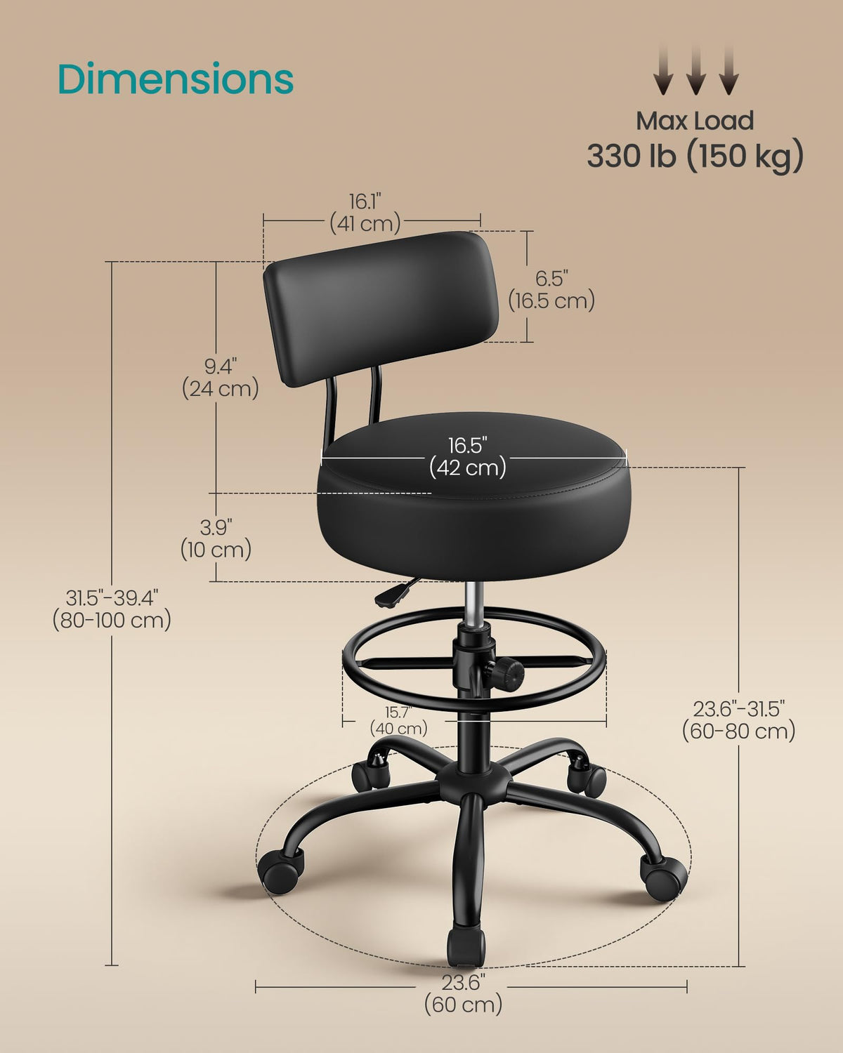 SONGMICS Drafting Chair with Backrest, Height Rolling Stool, PU Leather