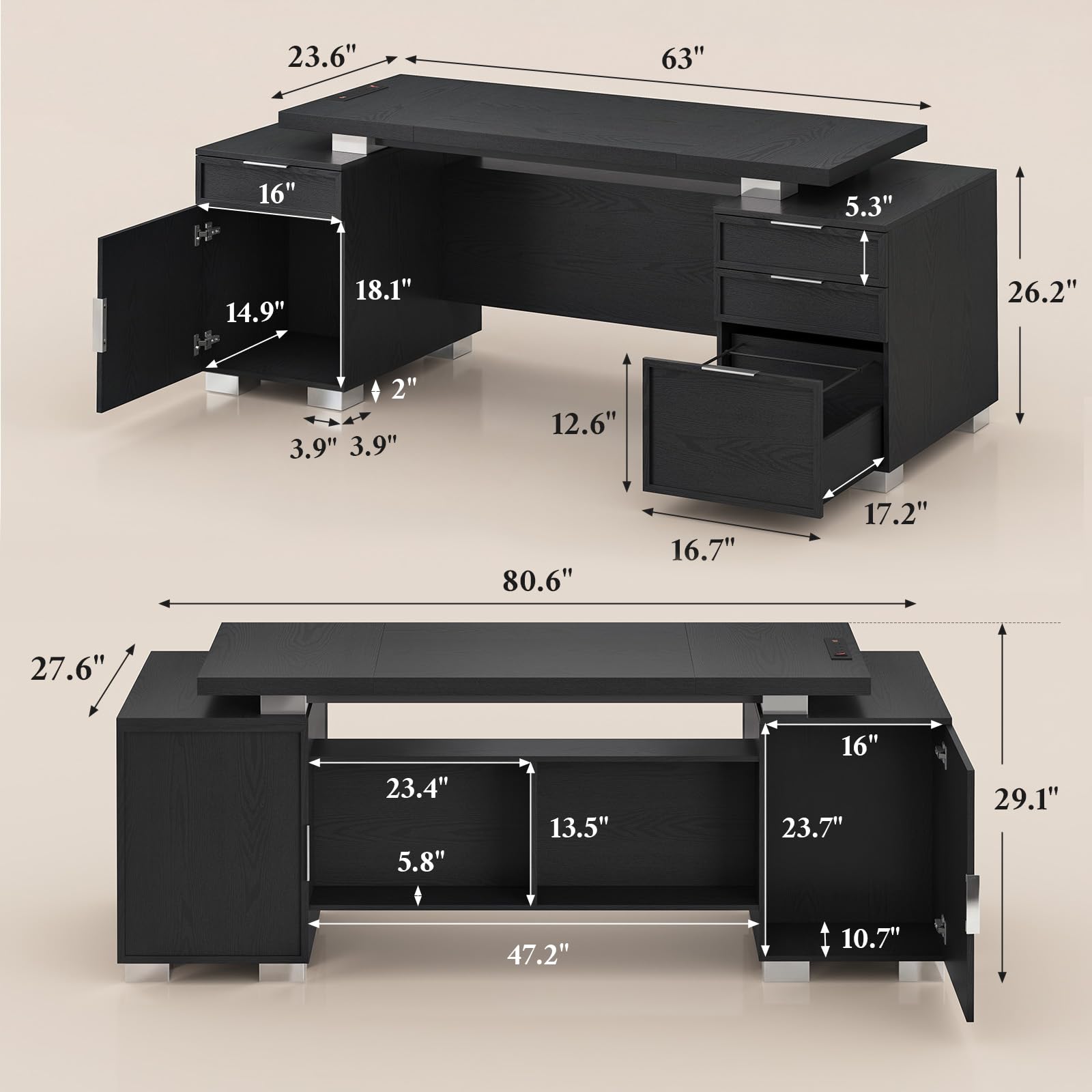 80.6" Executive Desk with Power Outlet & Storage