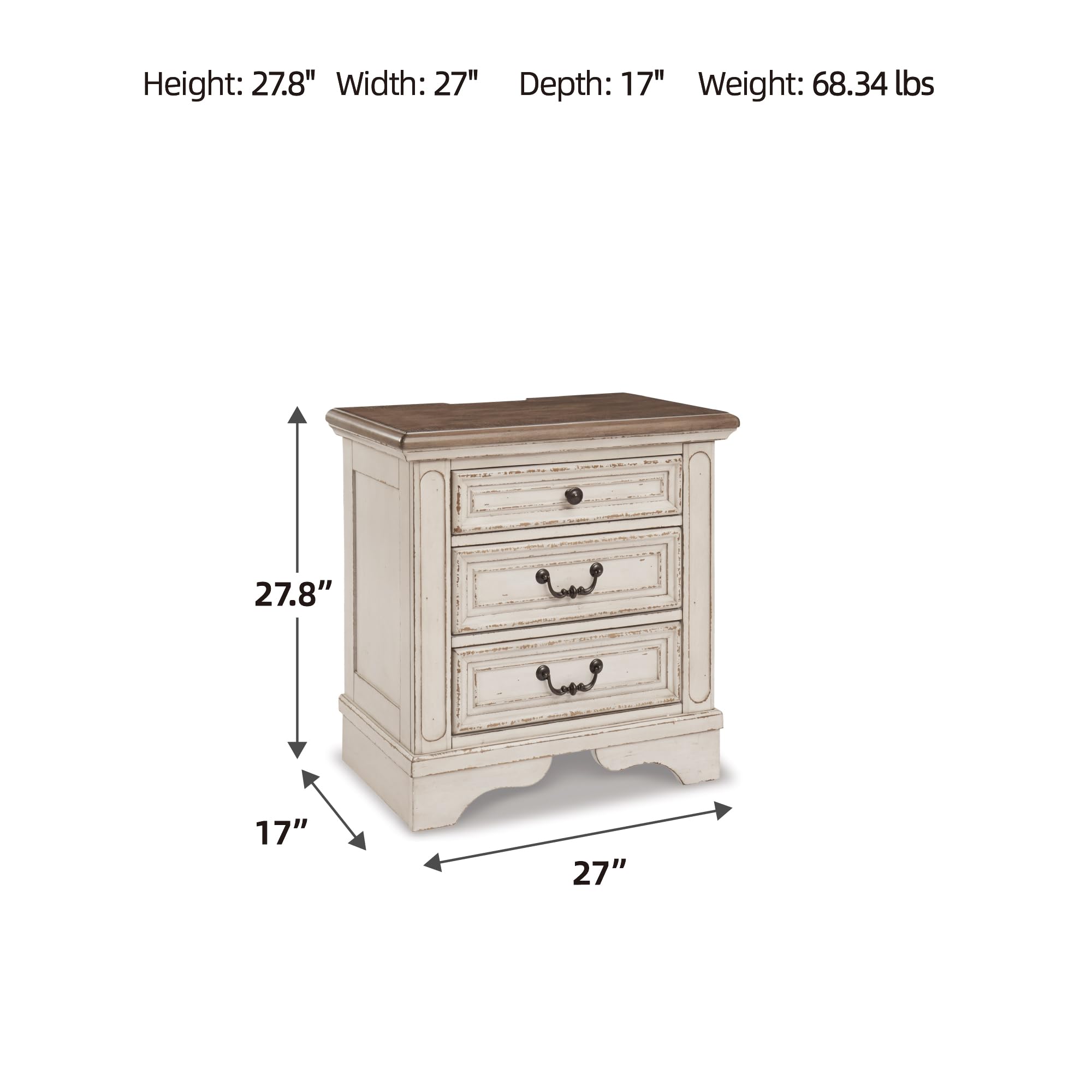 Cottage Nightstand with USB Outlets – 3 Drawer, Chipped White